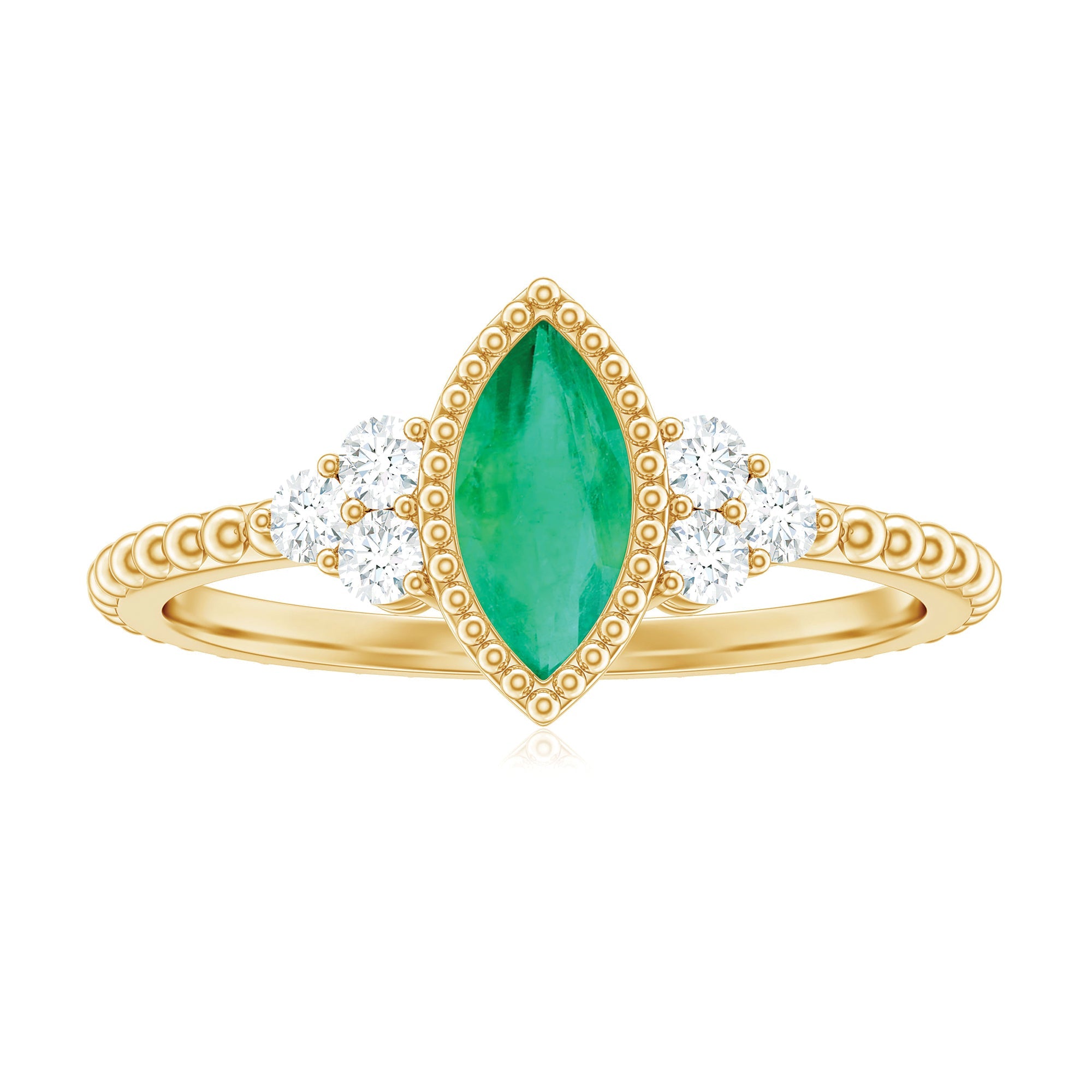 Vintage Inspired Emerald Promise Engagement Ring with Trio Diamond