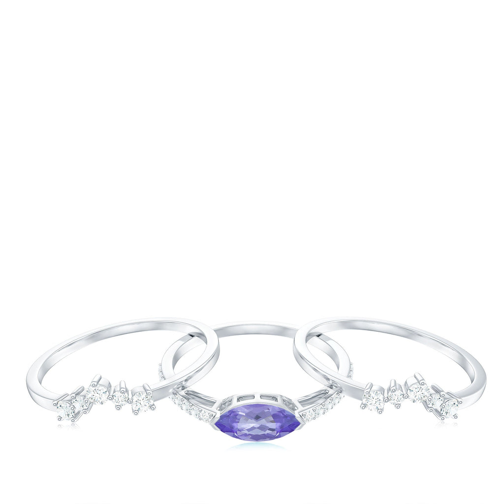 Certified Real Marquise Tanzanite 3 Piece Wedding Ring Set with Diamond