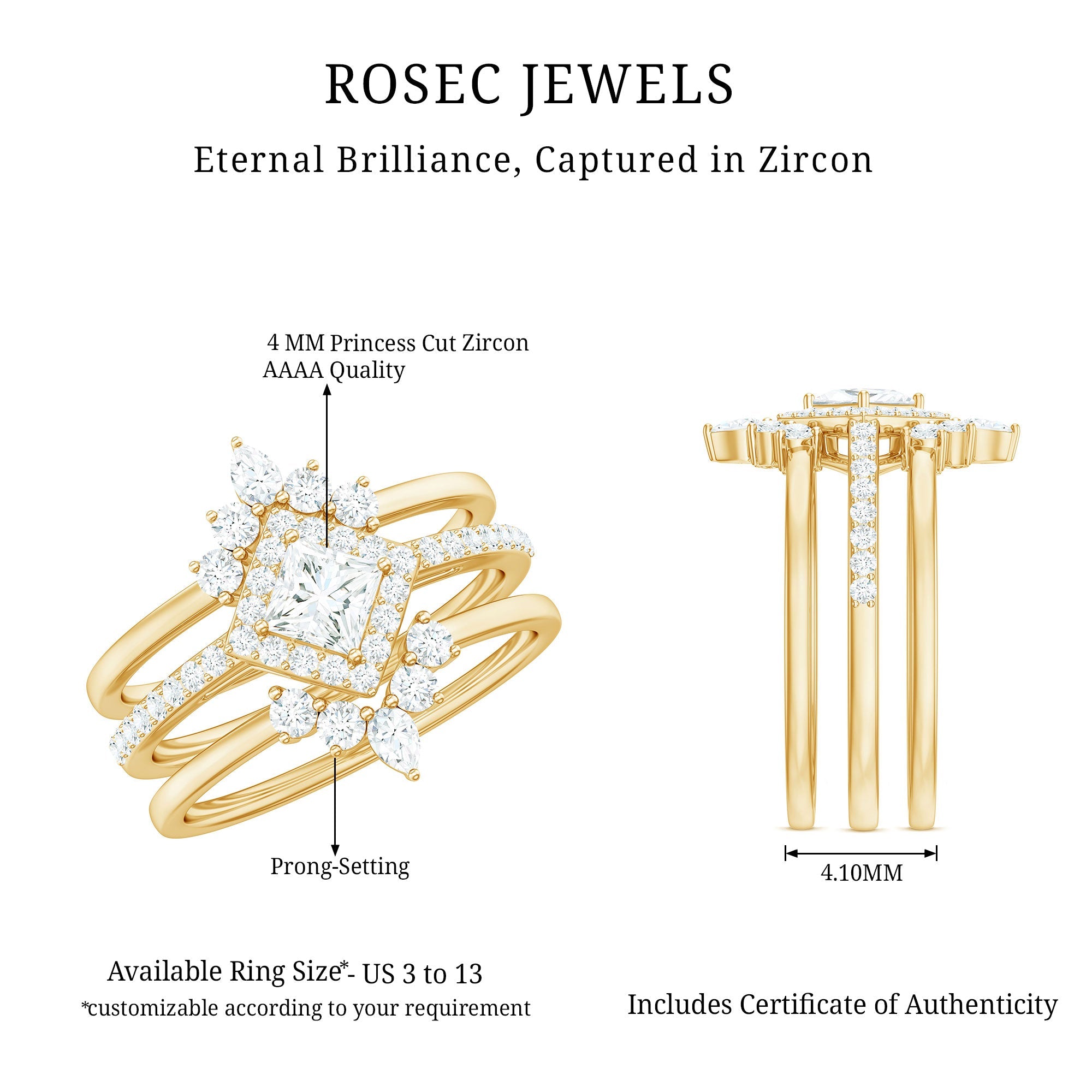 1.25 CT Princess Cut Zircon Trio Wedding Ring Set in Gold