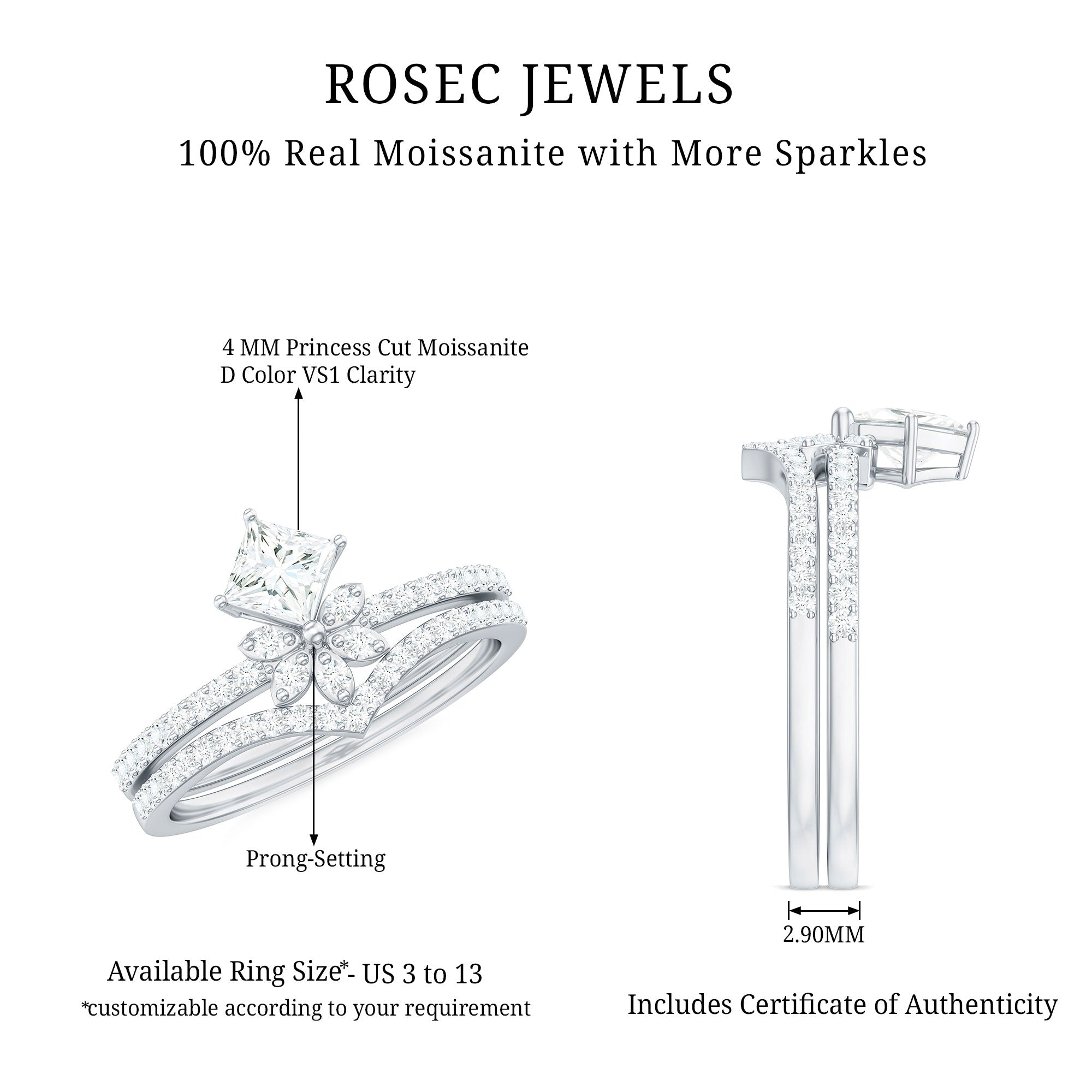 Princess Cut Certified Moissanite Flower Wedding Ring Set