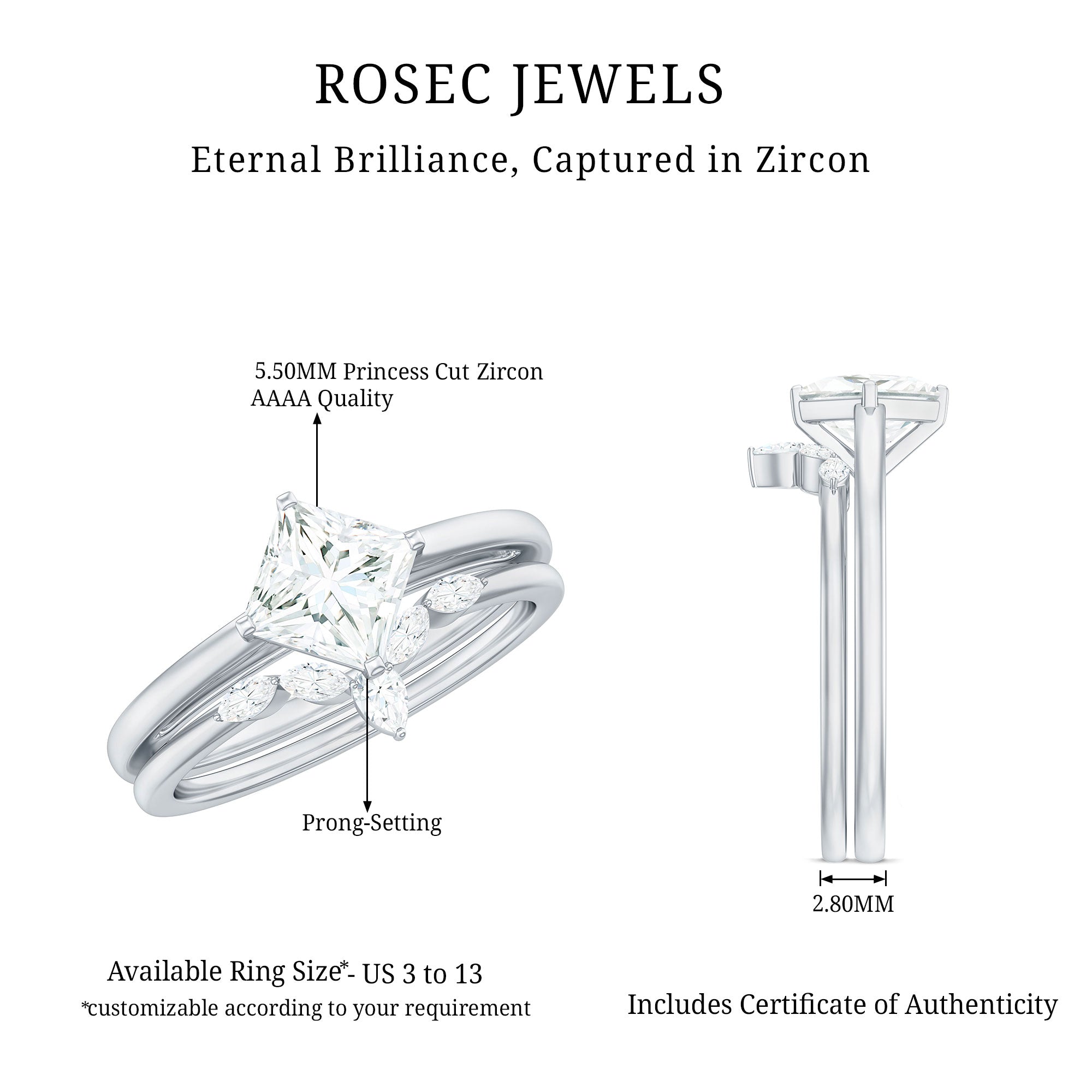 Cubic Zirconia Solitaire Ring Set with V Shape Band