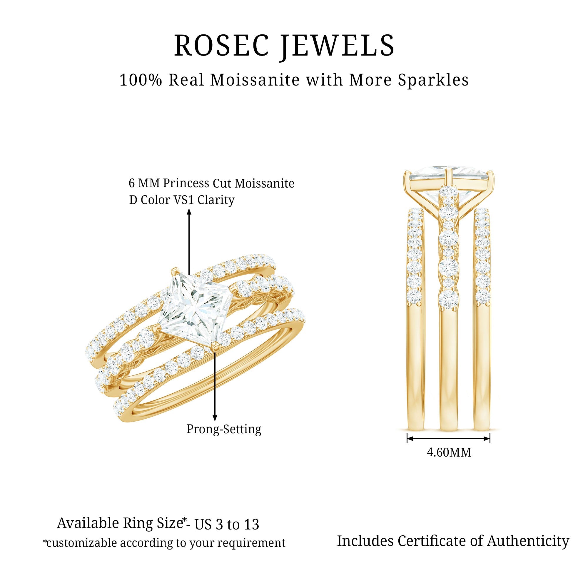 Princess Cut Moissanite 3 Piece Bridal Ring Set