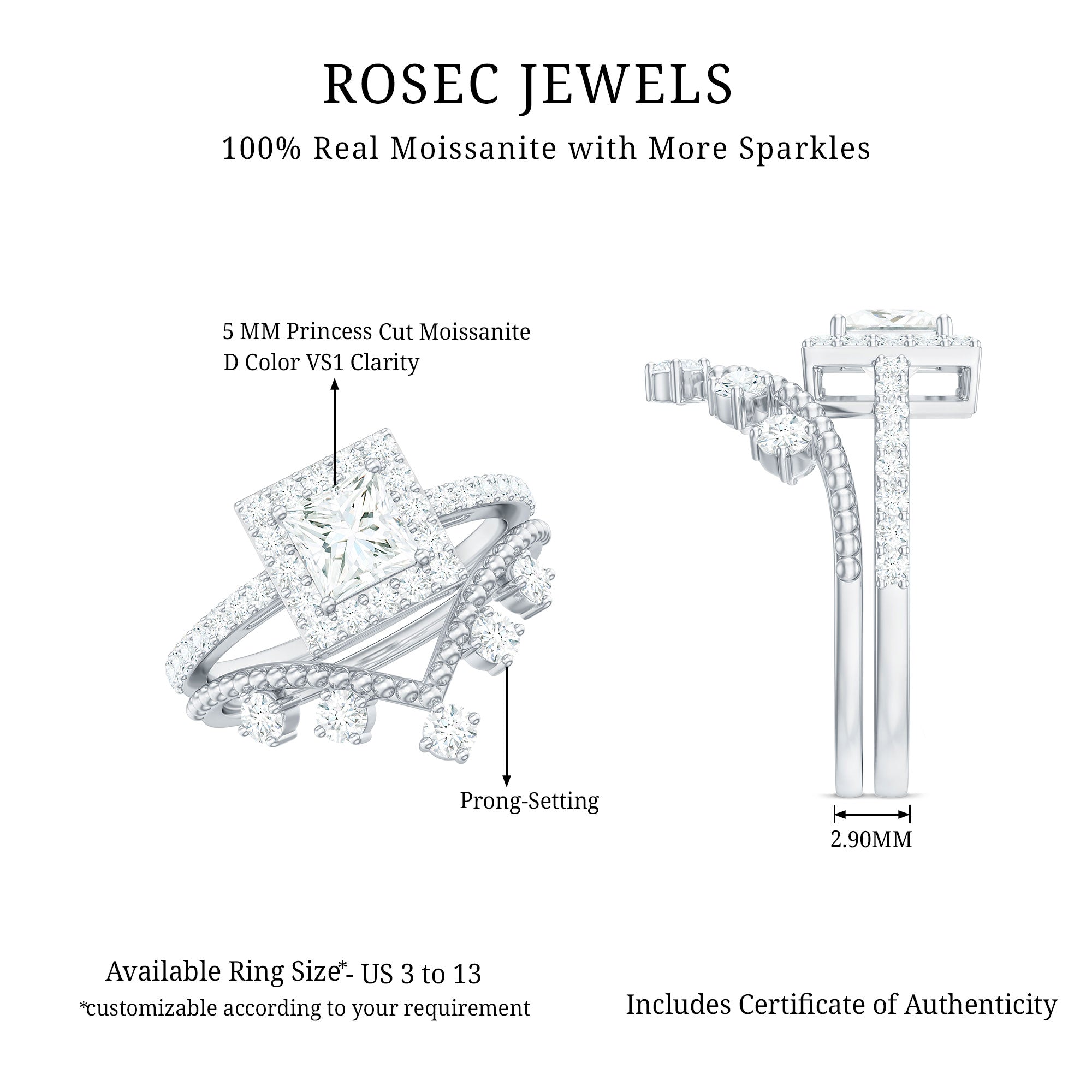 Princess Cut Moissanite Halo Wedding Ring Set with Certificate
