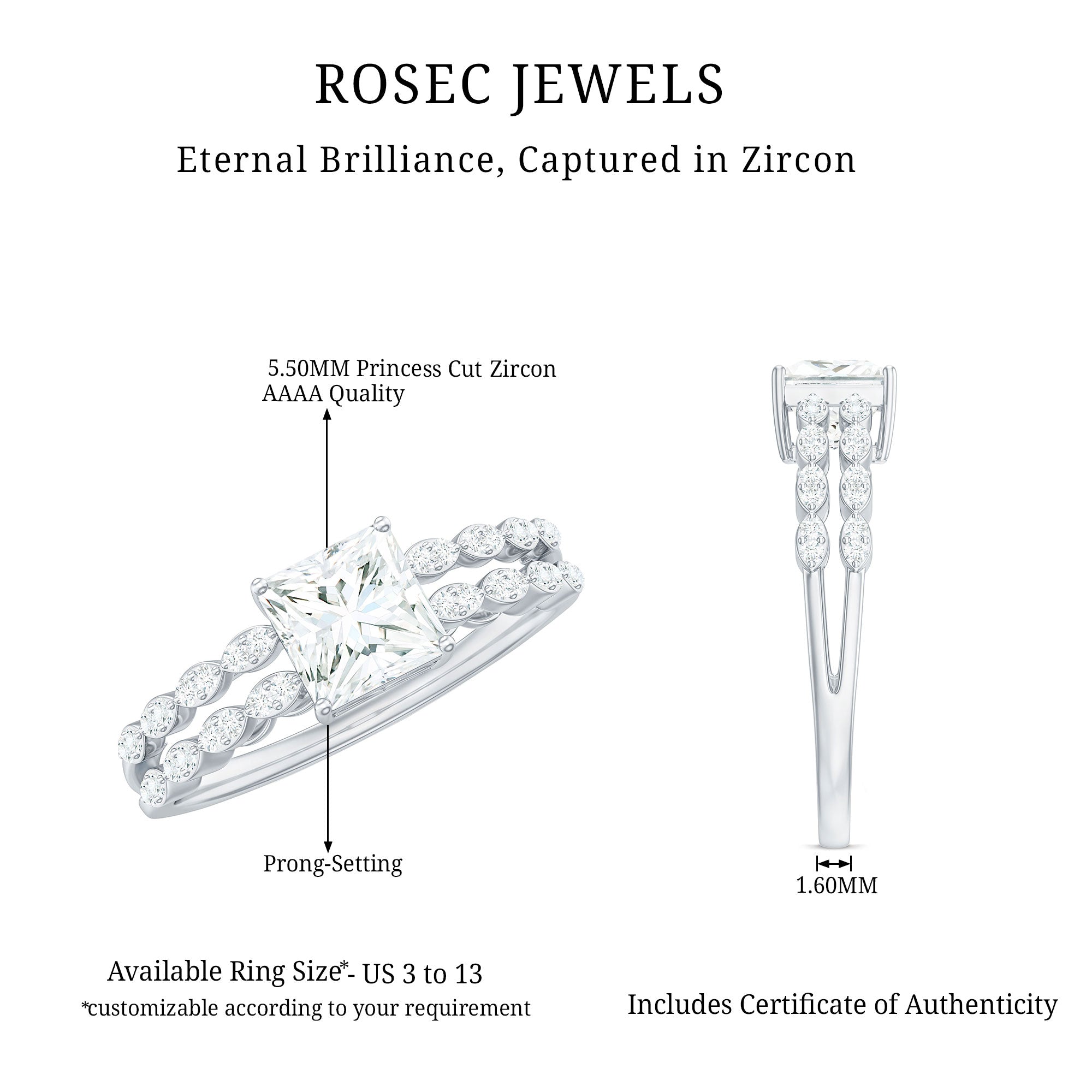 Princess Cut Zircon Double Band Engagement Ring with Side Stones