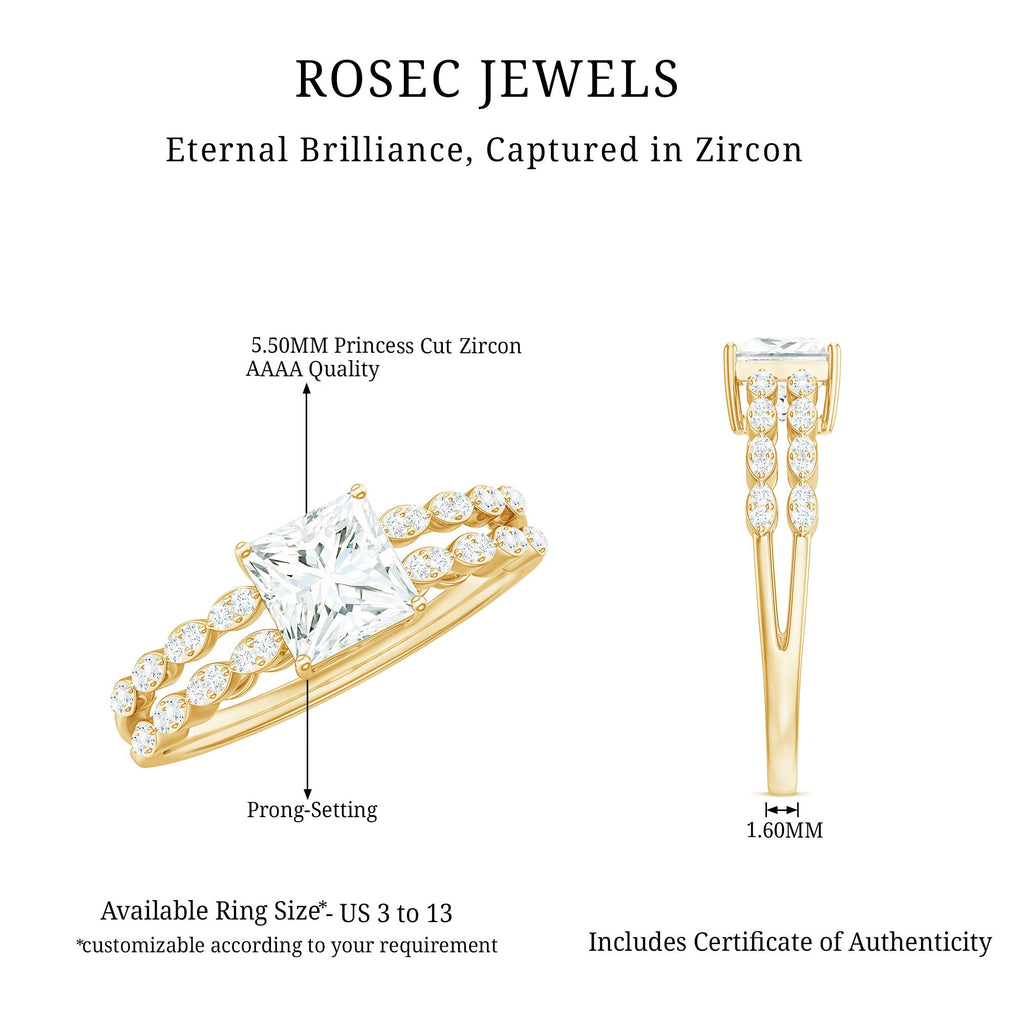 Princess Cut Zircon Double Band Engagement Ring with Side Stones