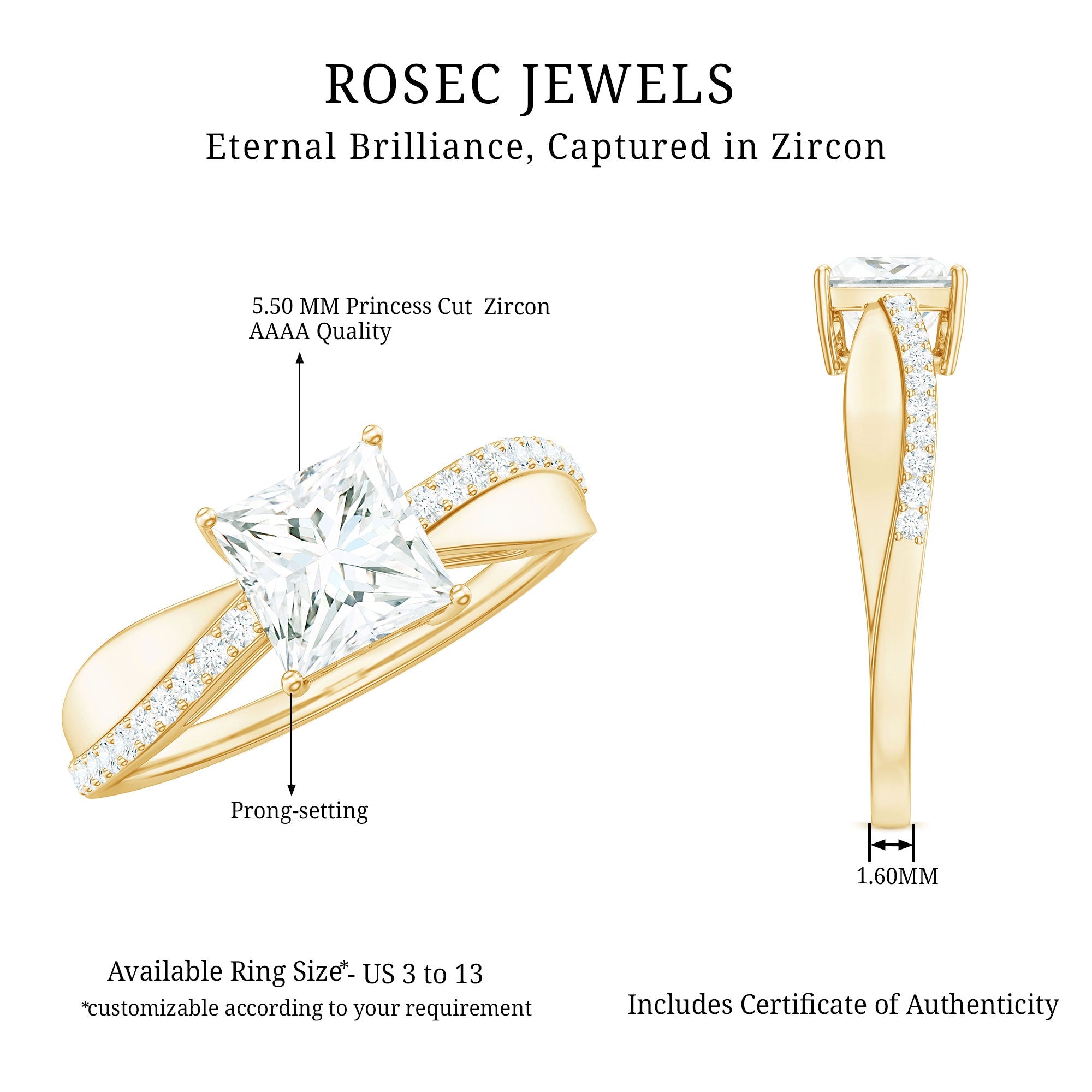 1.25 CT Princess Cut Cubic Zirconia Solitaire Engagement Ring in Gold