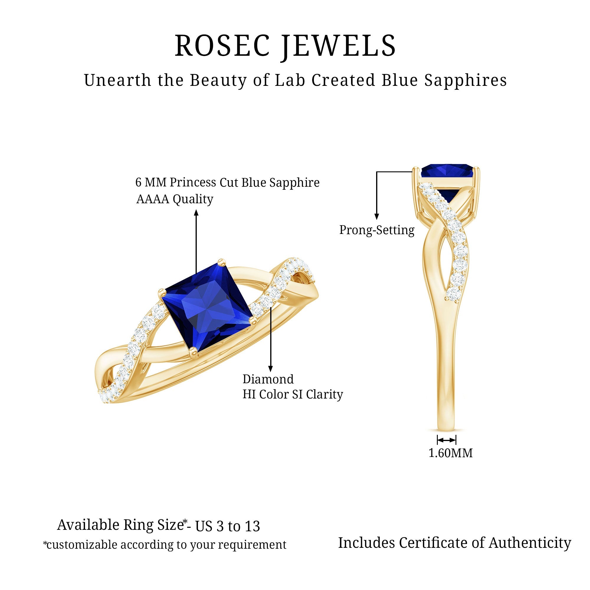 Princess Cut Solitaire Lab-Created Blue Sapphire and Diamond Ring
