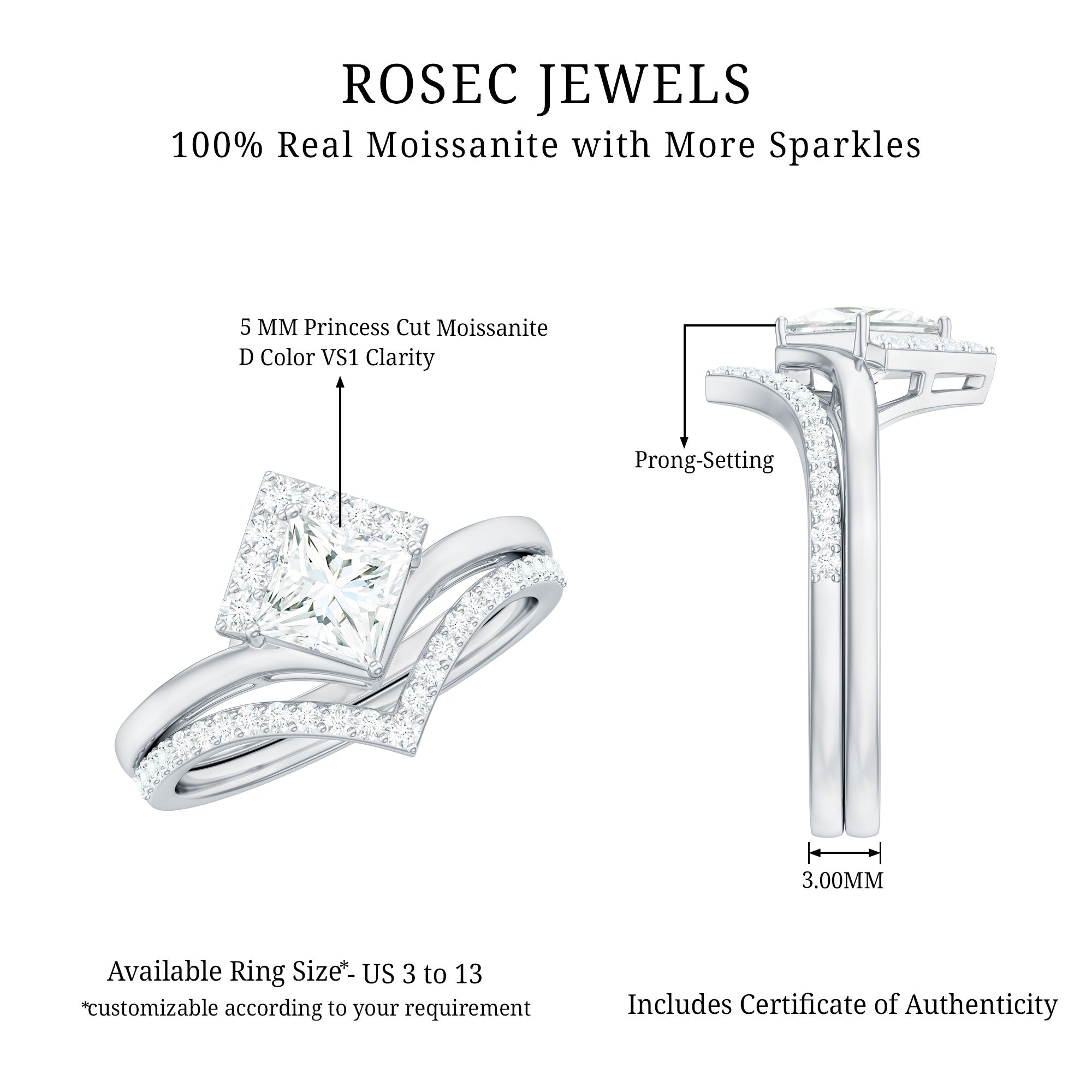 Certified Princess Cut Moissanite Wedding Ring Set