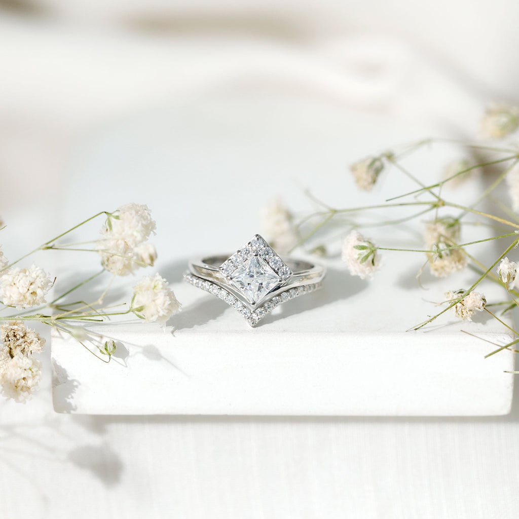 Certified Princess Cut Moissanite Wedding Ring Set