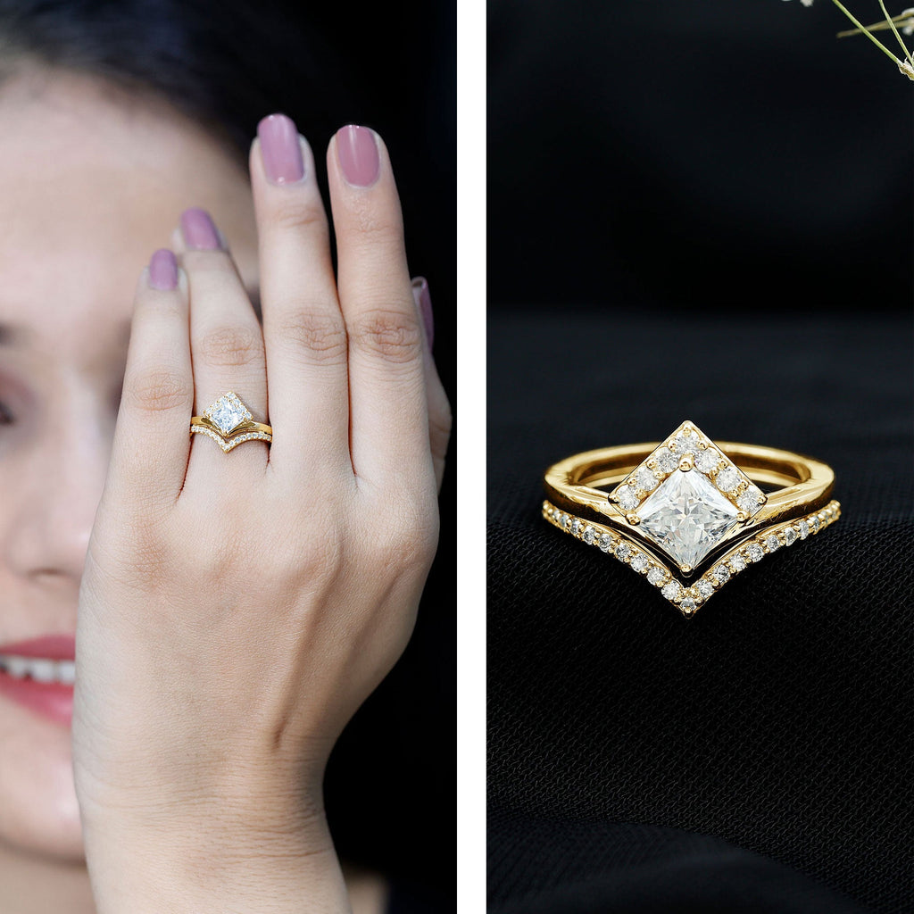 Certified Princess Cut Moissanite Wedding Ring Set