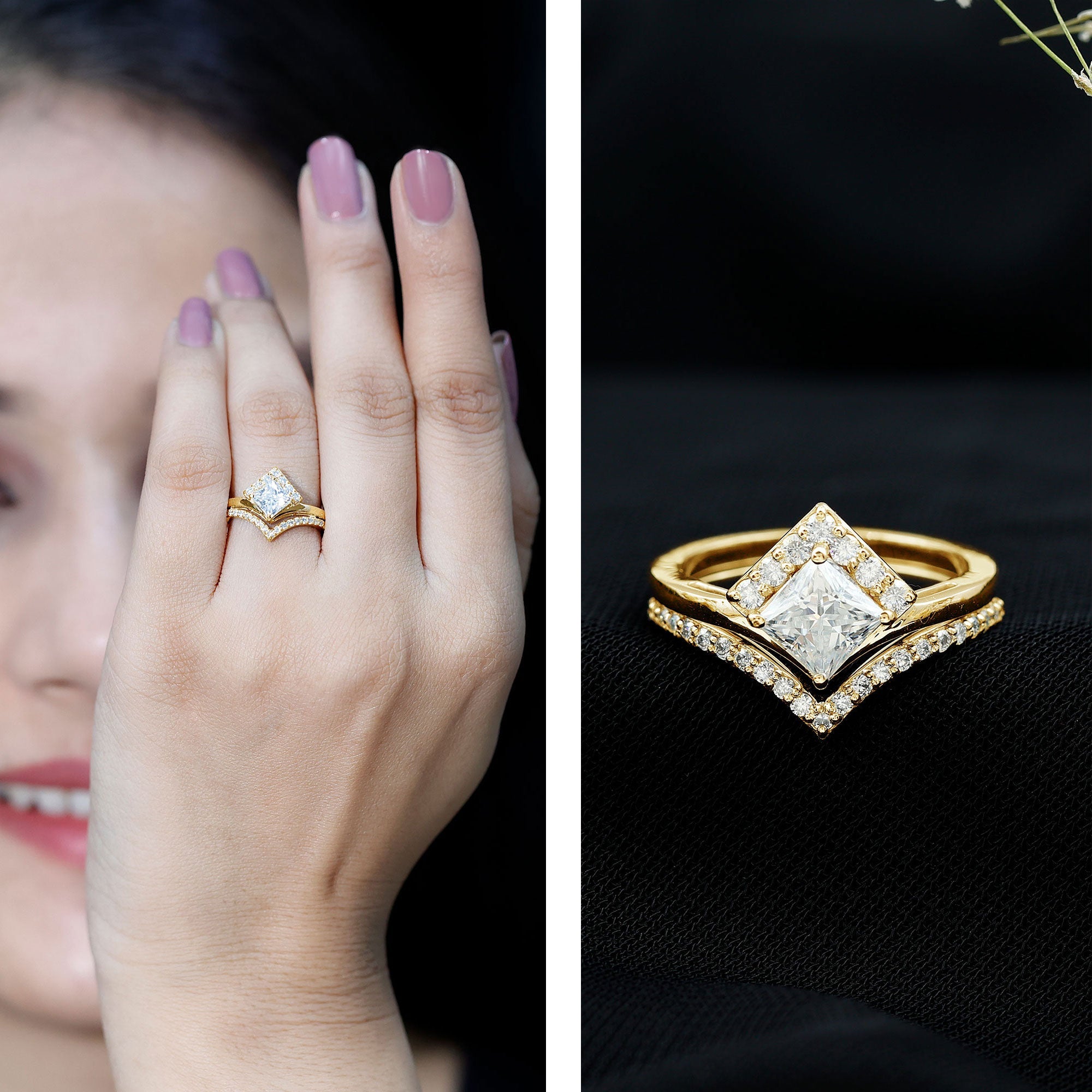 Certified Princess Cut Moissanite Wedding Ring Set