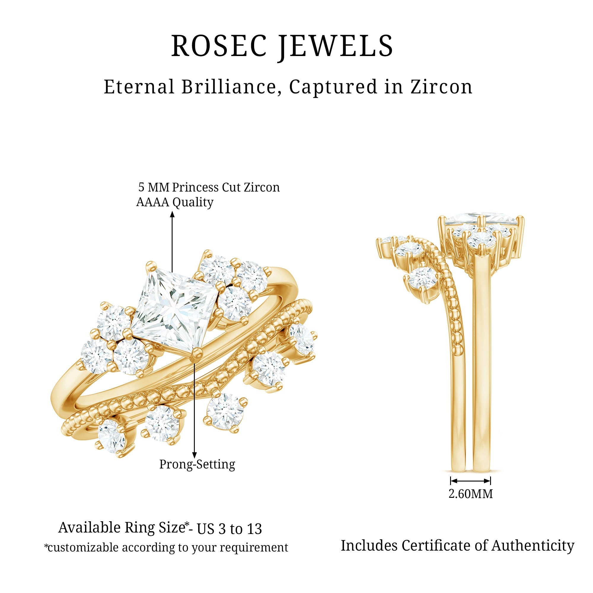 1.50 CT Princess Cut Cubic Zirconia Wedding Ring Set in Gold