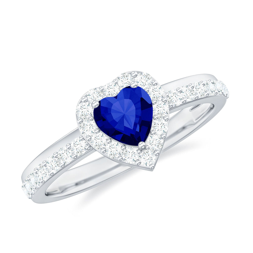 Certified 1 Carat Lab Grown Blue Sapphire Heart Engagement Ring with Diamond Halo