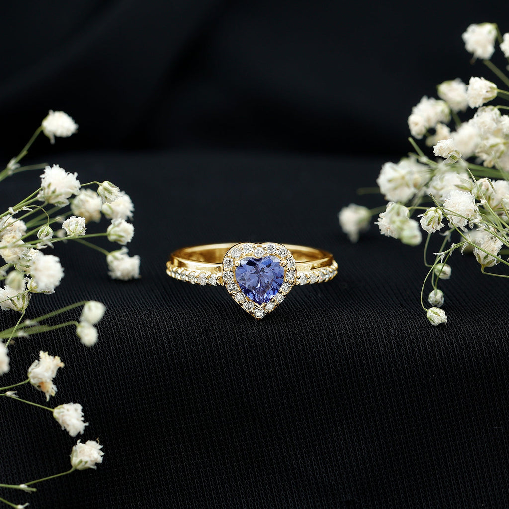 Certified 1 Carat Lab Grown Blue Sapphire Heart Engagement Ring with Diamond Halo