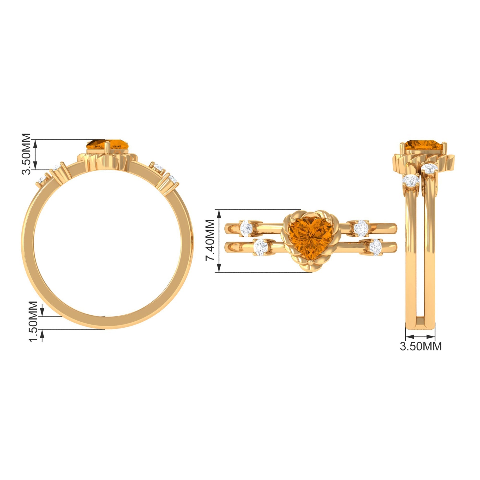 Heart Shape Citrine Solitaire Double Band Ring with Diamond