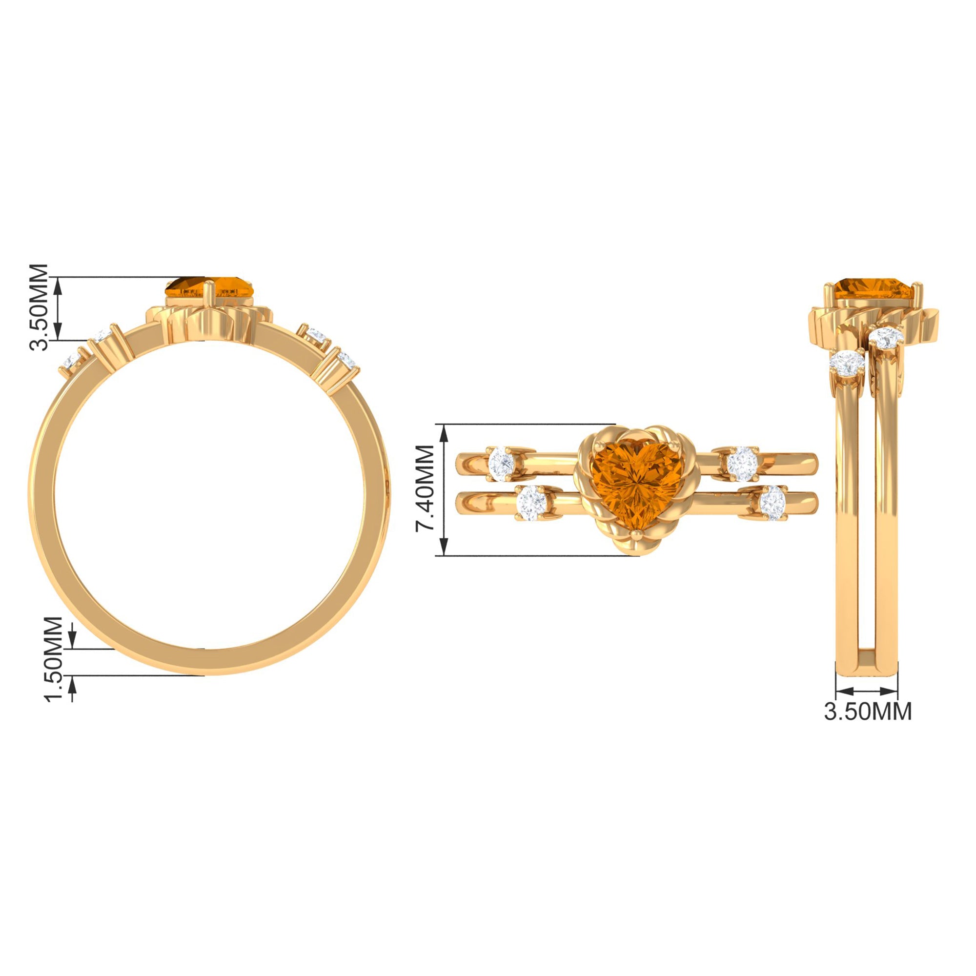 Heart Shape Citrine Solitaire Double Band Ring with Diamond