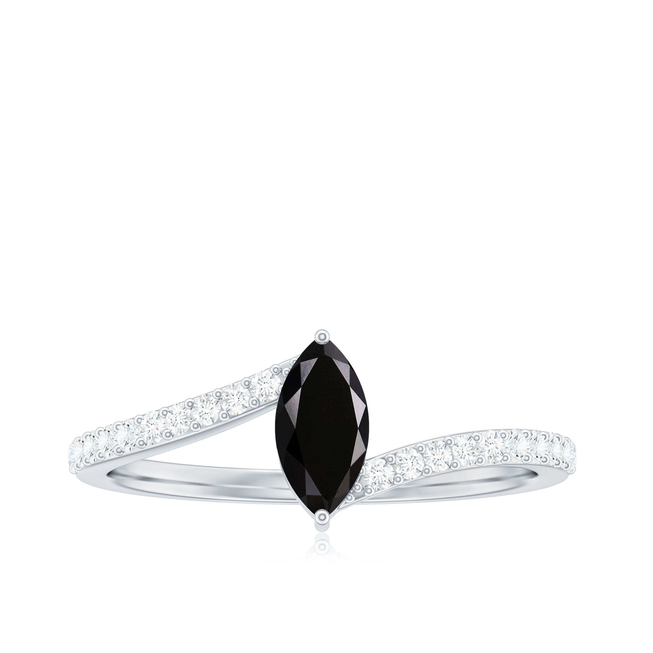 4X8mm Marquise Cut Black Onyx Promise Ring with Diamond Bypass Shank