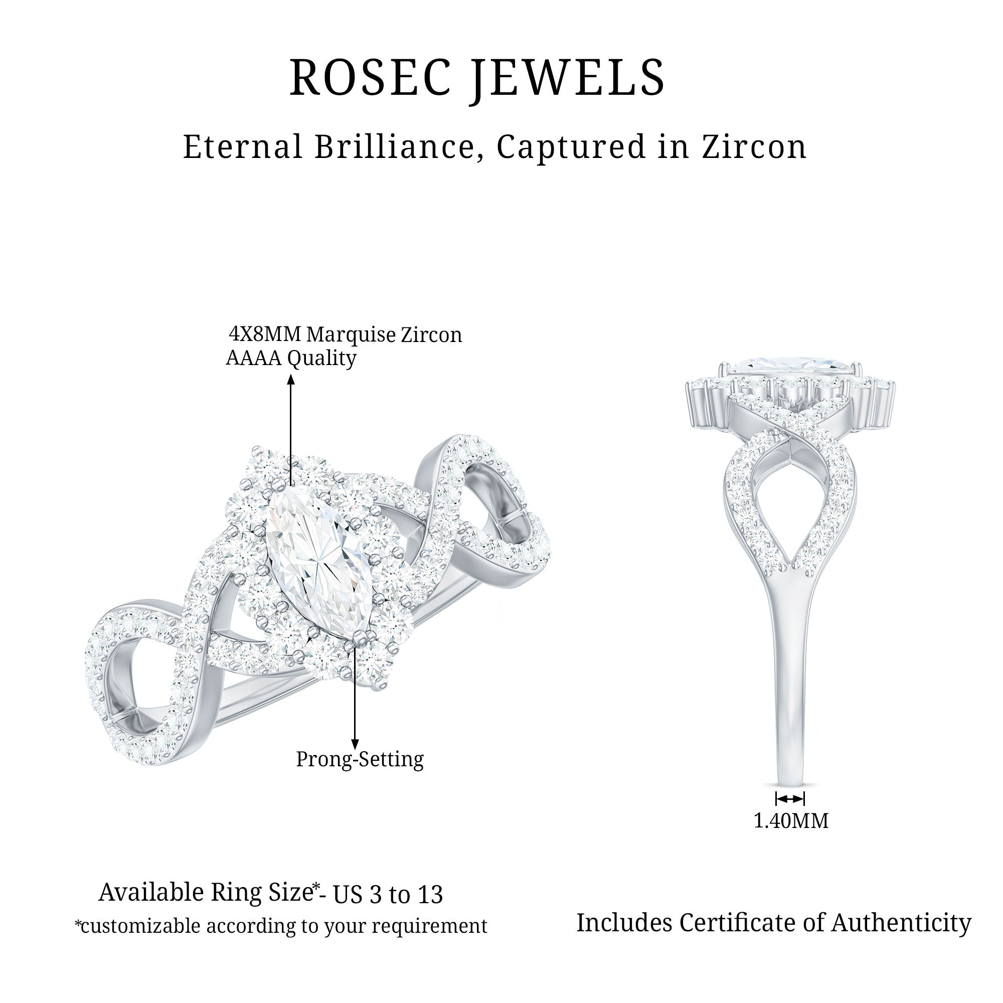 1.50 CT Marquise Cut Zircon Crossover Engagement Ring