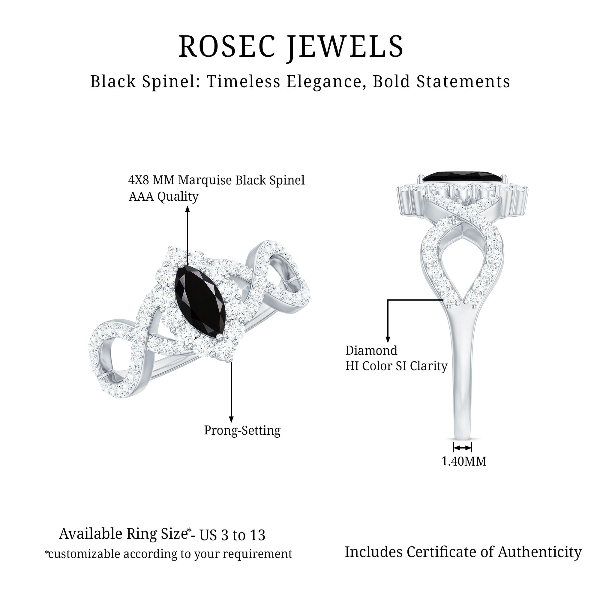 Natural Marquise Black Spinel Engagement Ring with Diamond Crossover Shank