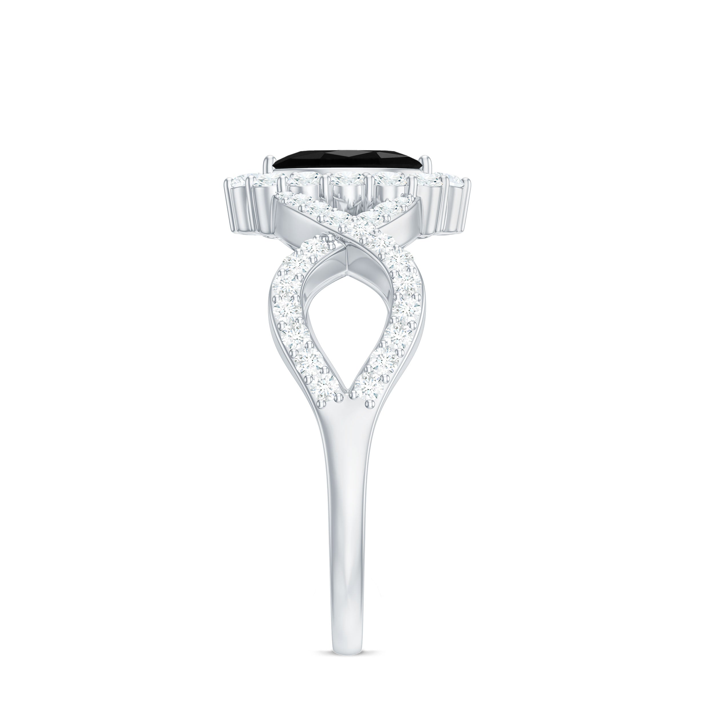 Natural Marquise Black Spinel Engagement Ring with Diamond Crossover Shank