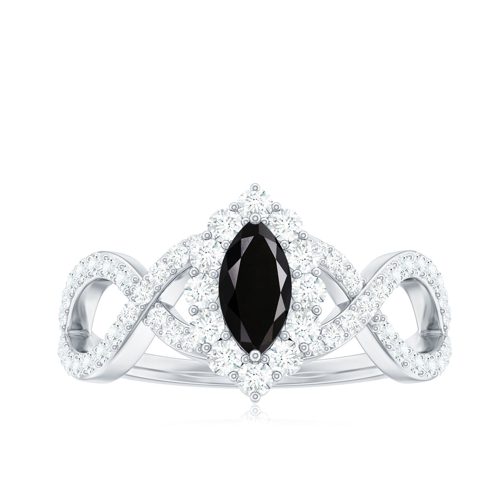 Natural Marquise Black Spinel Engagement Ring with Diamond Crossover Shank