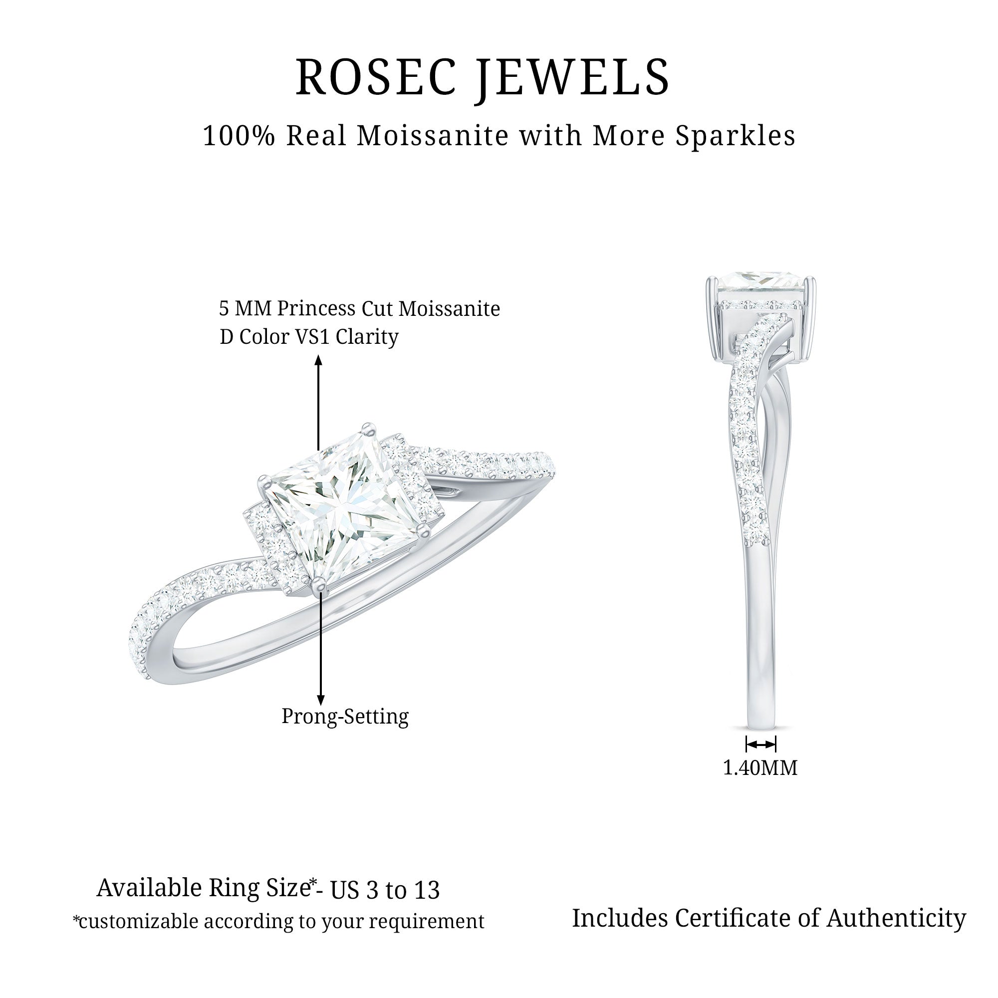 Princess Cut Moissanite Bypass Engagement Ring for Women