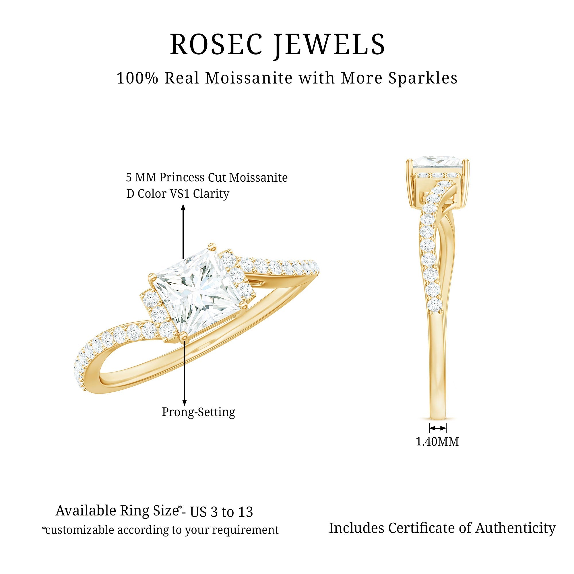 Princess Cut Moissanite Bypass Engagement Ring for Women