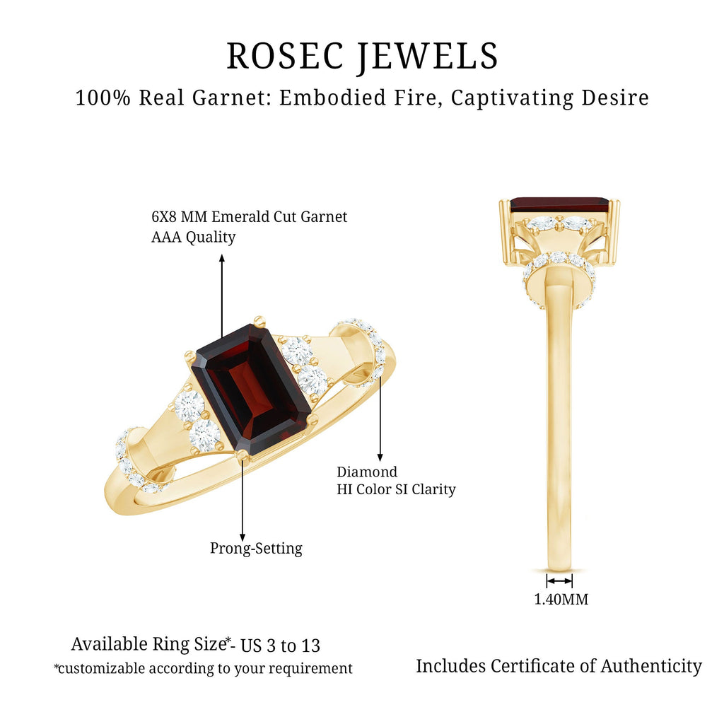 Real 6X8mm Garnet Designer Engagement Ring with Diamond