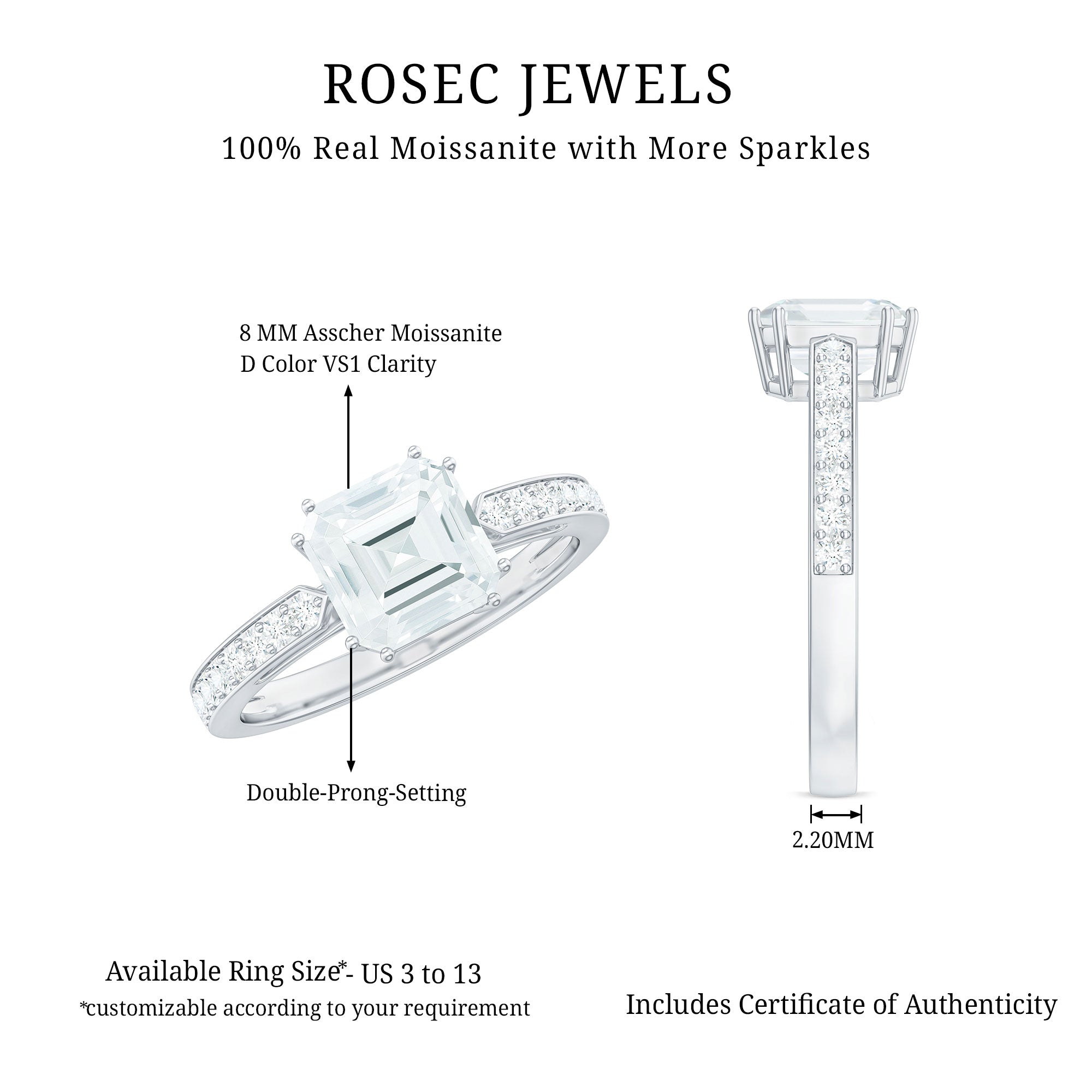 3.50 CT Asscher Cut Moissanite Solitaire Engagement Ring with Side Stones