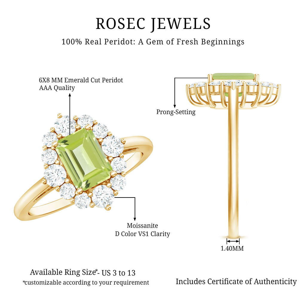 Natural 1.8 Carat Peridot Emerald Cut Engagement Ring with Halo