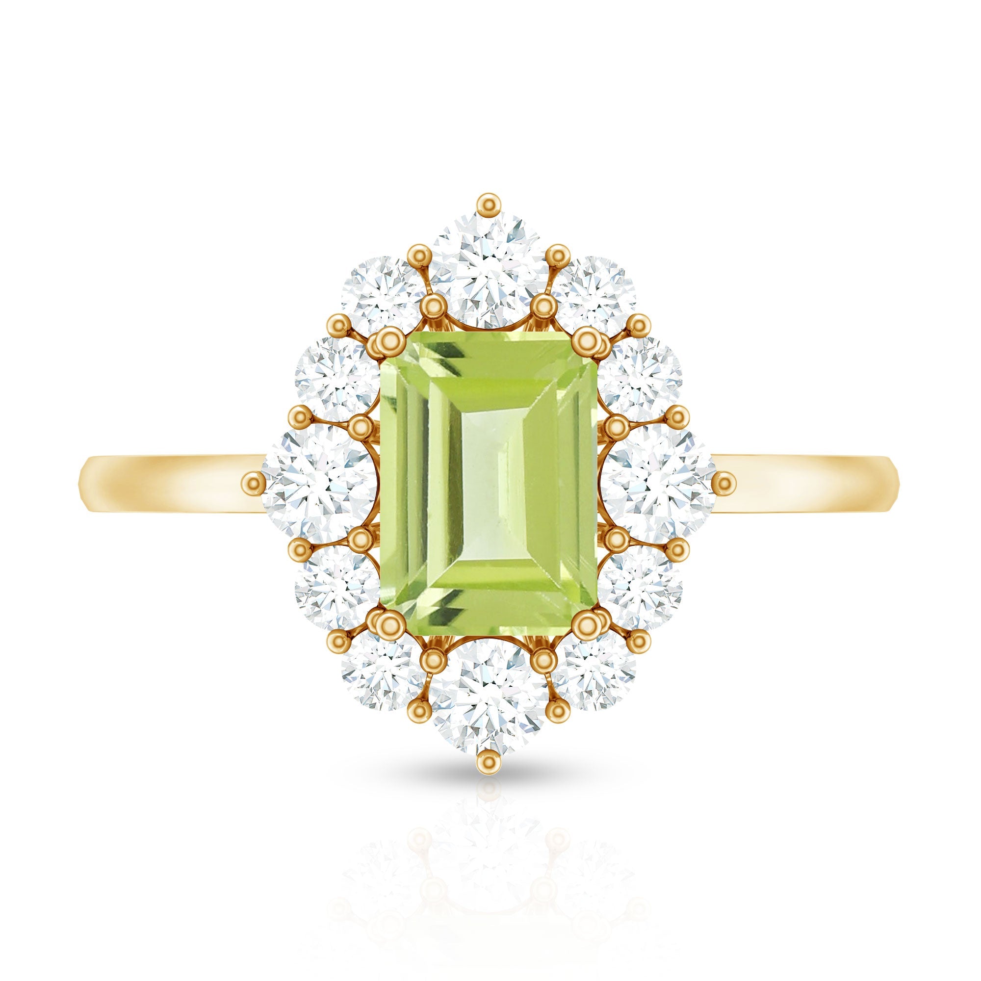 Natural 1.8 Carat Peridot Emerald Cut Engagement Ring with Halo