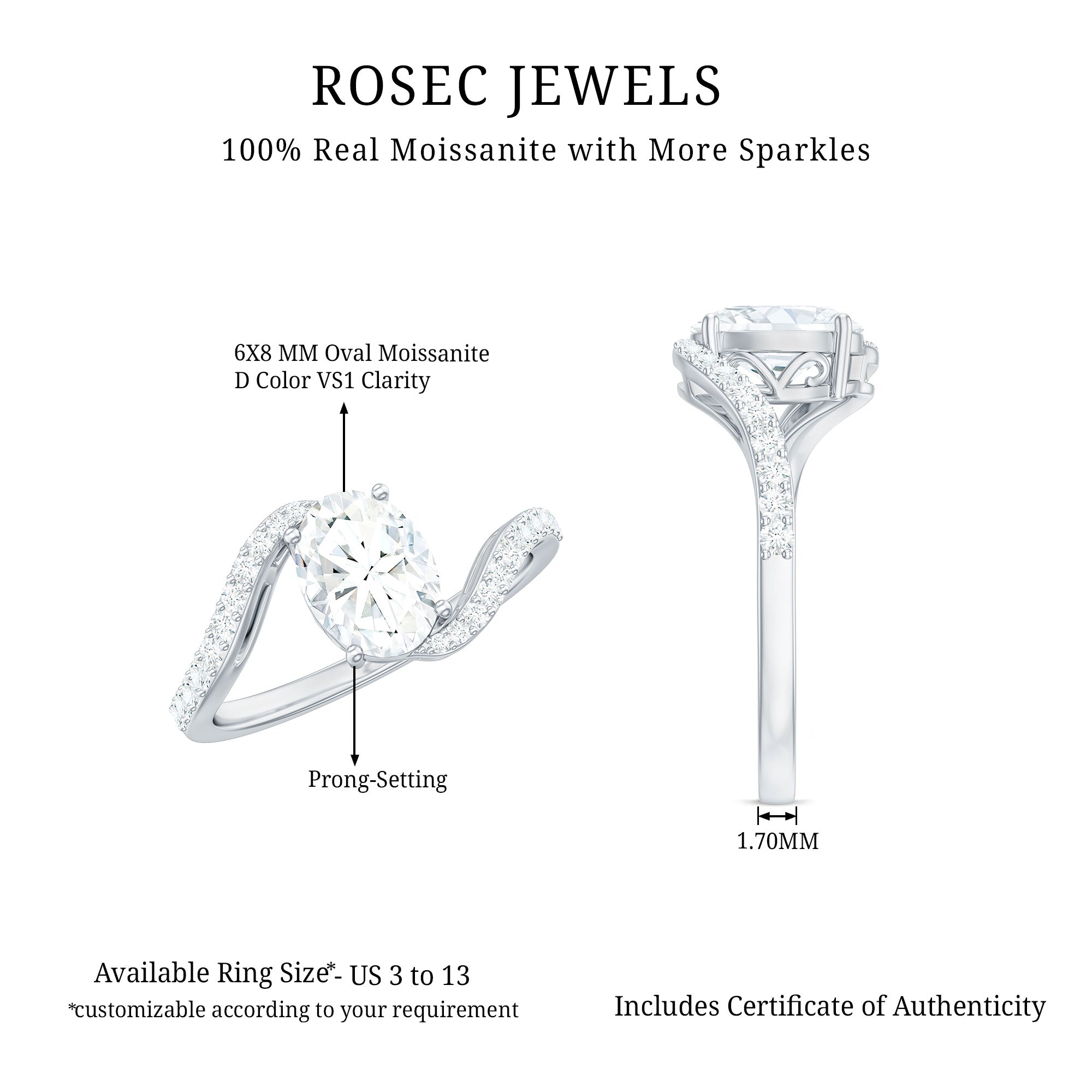 1 Carat Moissanite Oval Engagement Ring with Bypass Shank