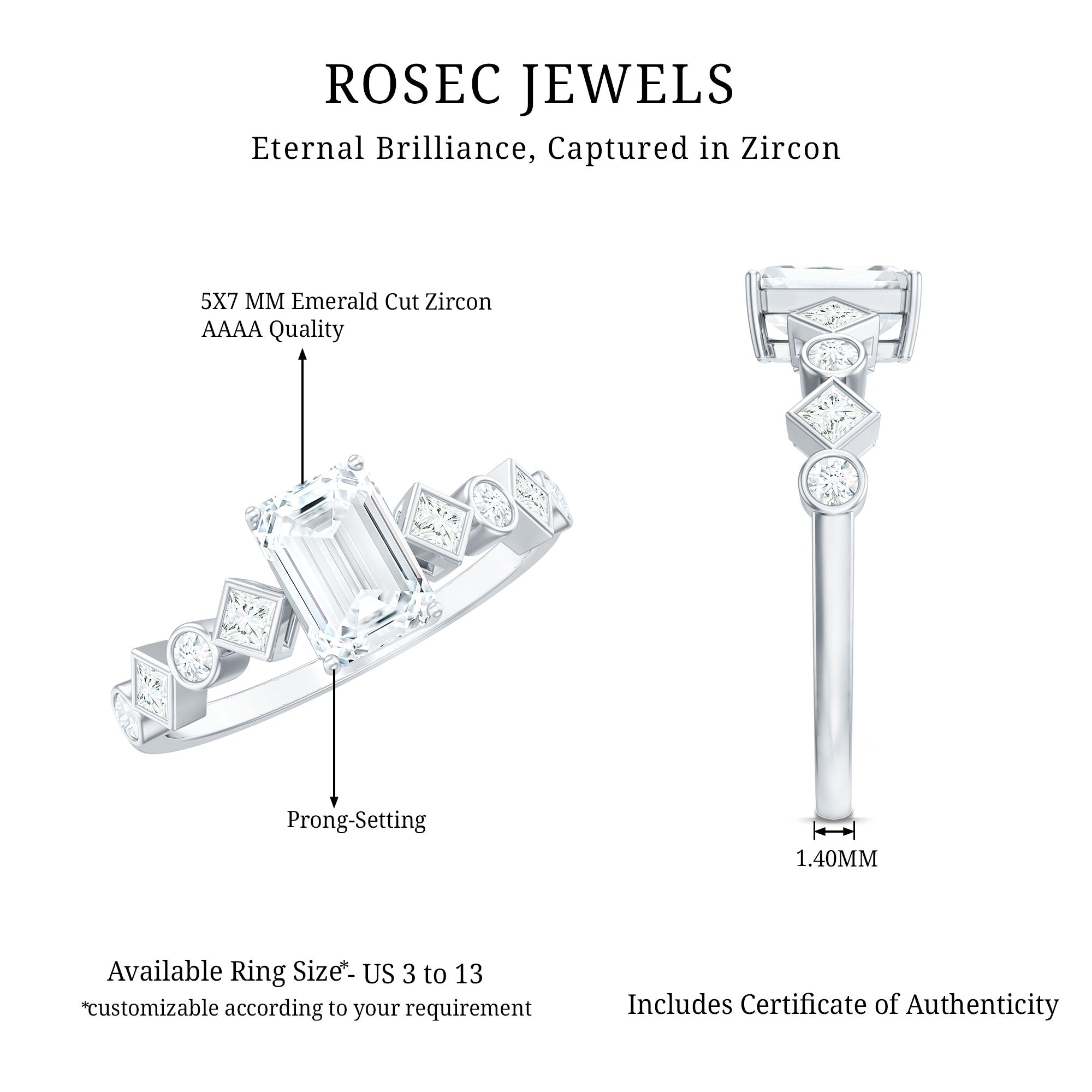 2 CT Octagon Cut Zircon Engagement Ring with Side Stones