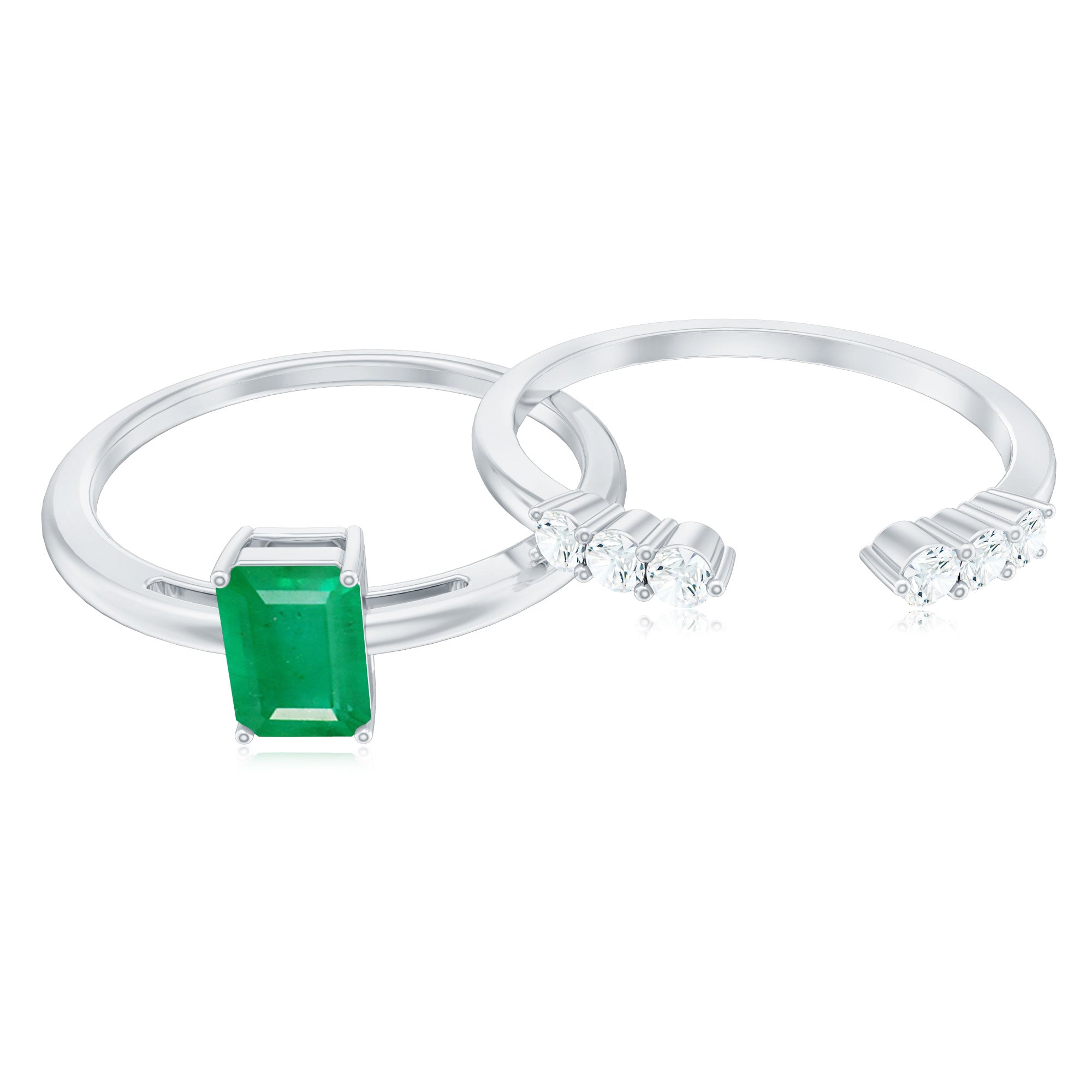 Natural Emerald Cut Emerald Diamond Engagement Wedding Ring Set of 2