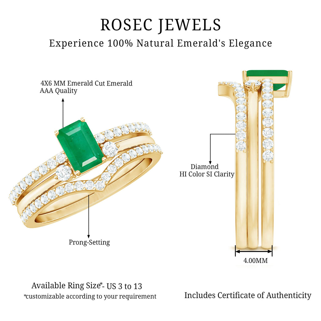 Natural Emerald Cut Emerald Diamond 3 Piece Bridal Ring Set