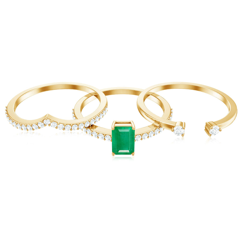 Natural Emerald Cut Emerald Diamond 3 Piece Bridal Ring Set