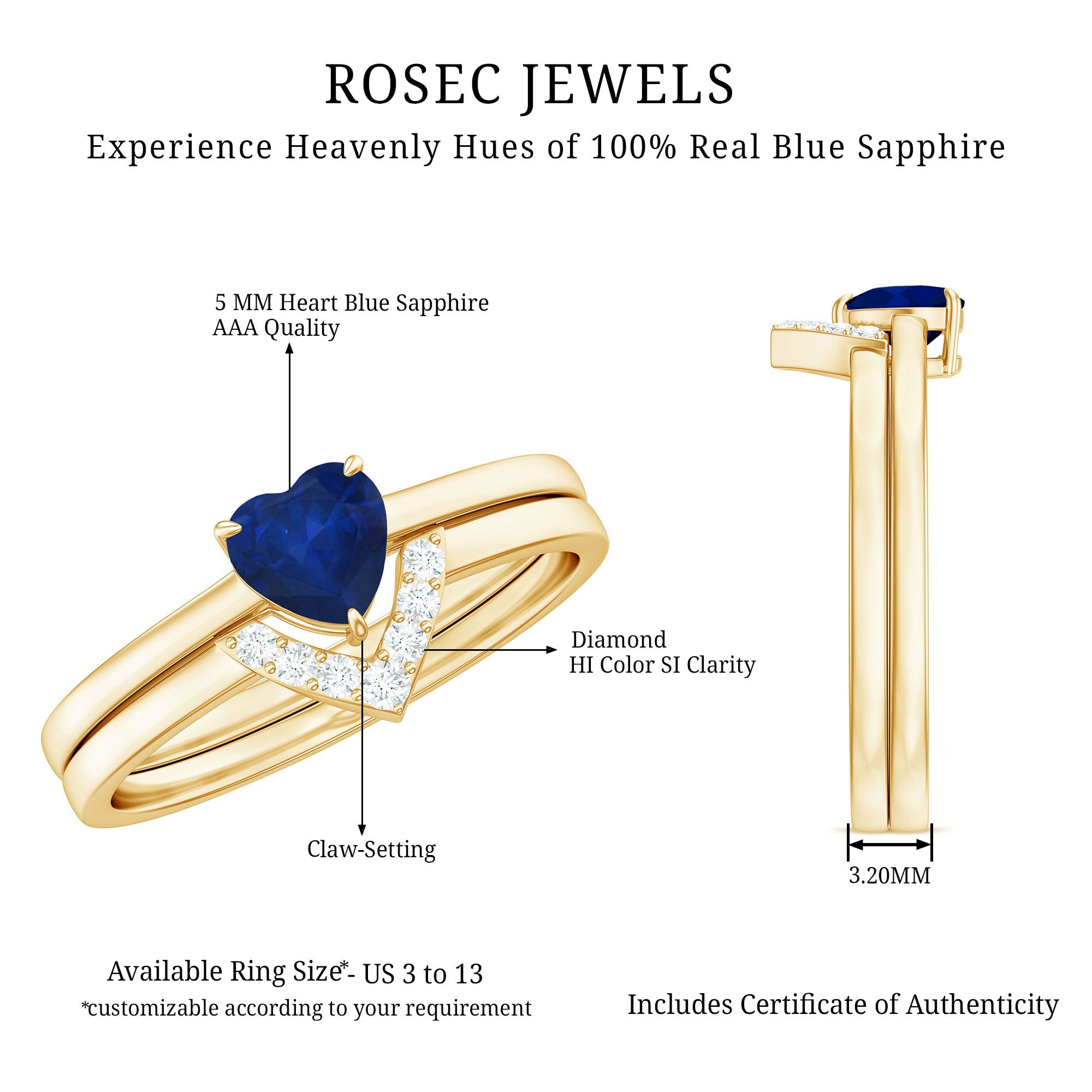 3/4 CT Heart Shape Blue Sapphire Solitaire Ring Set with Diamond Chevron Band