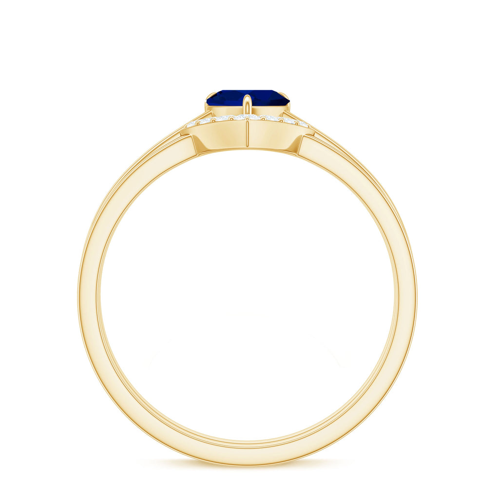 3/4 CT Heart Shape Blue Sapphire Solitaire Ring Set with Diamond Chevron Band