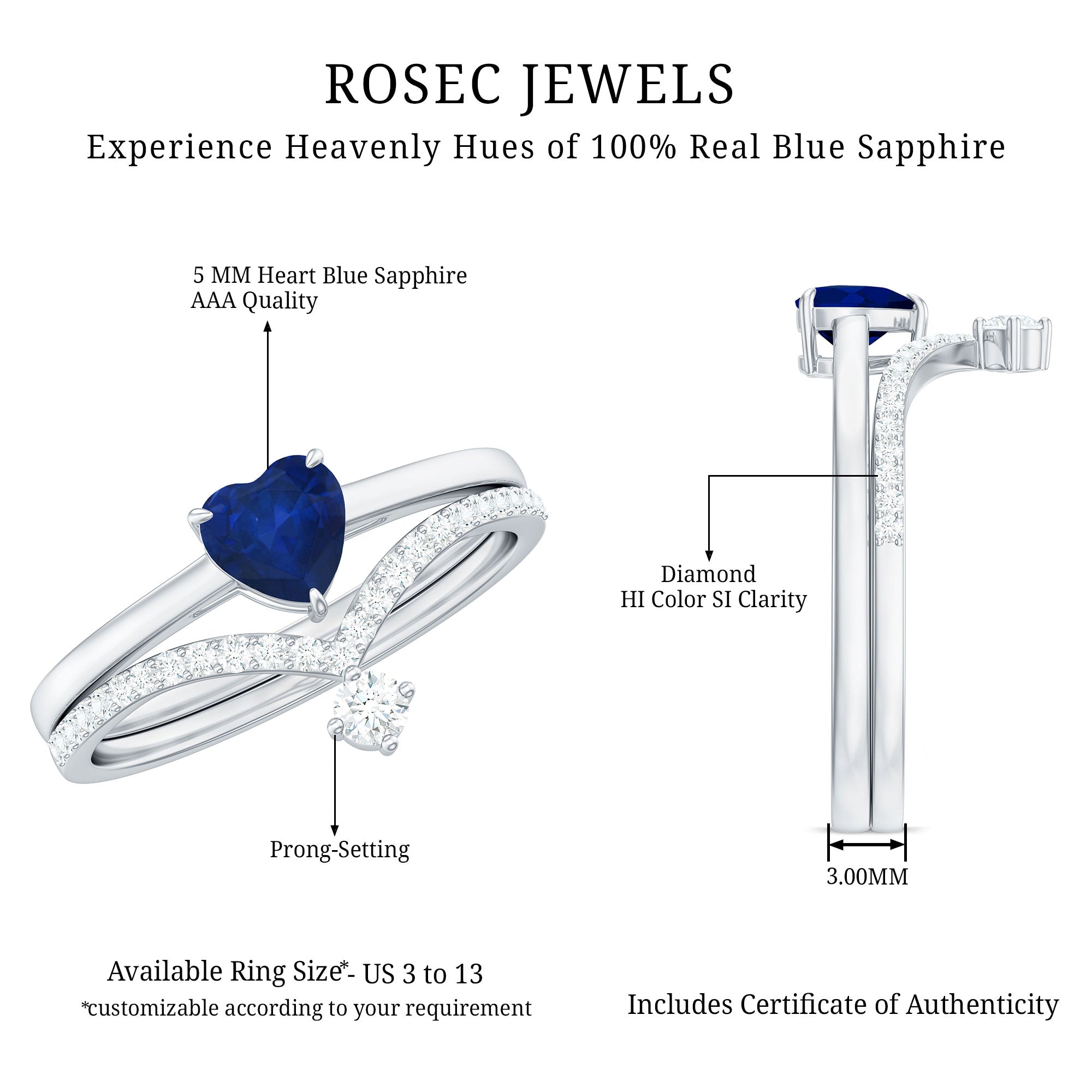 1 CT Heart Shape Blue Sapphire Solitaire Ring Set with Diamond Enhancer Band