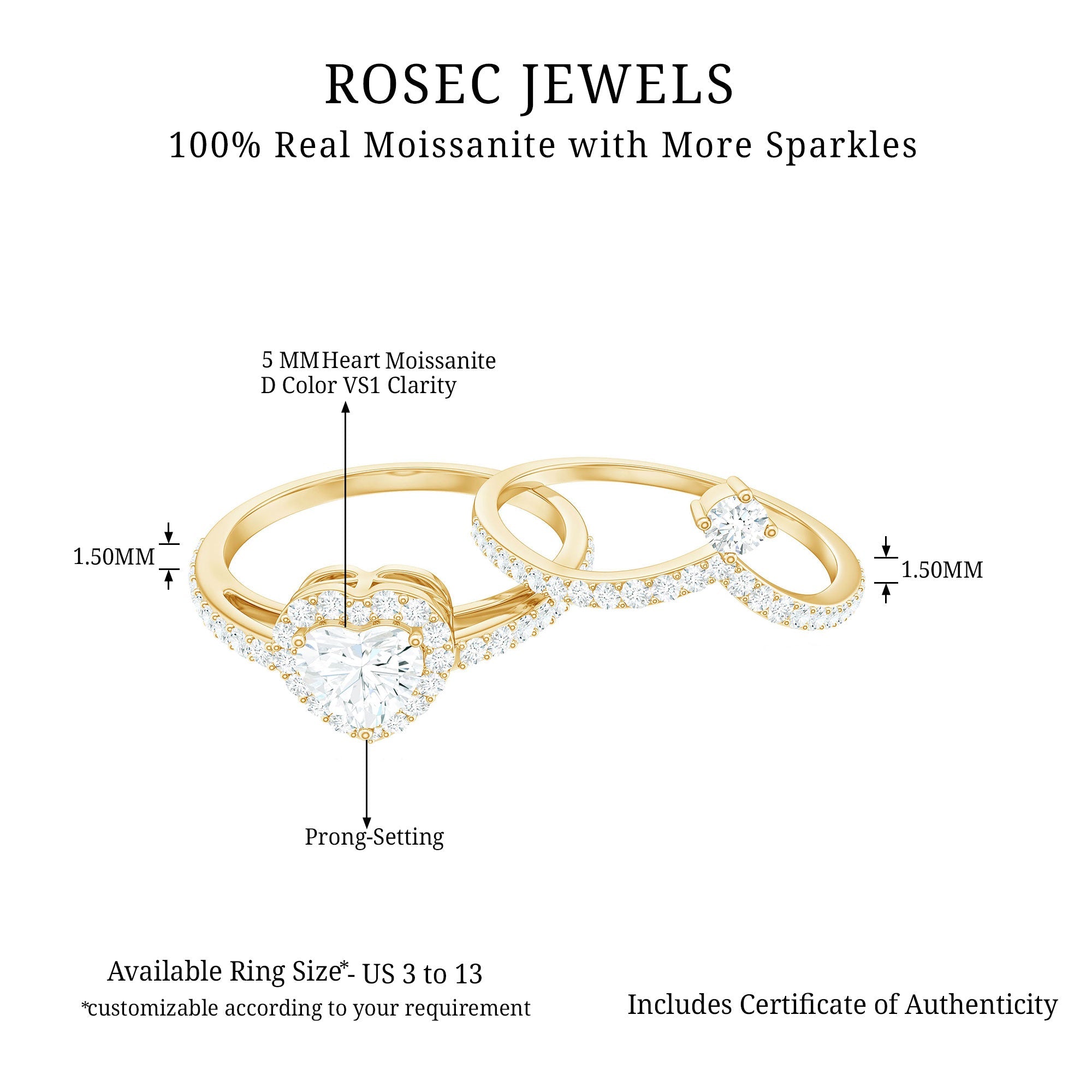 Certified Moissanite Heart Wedding Ring Set for Women
