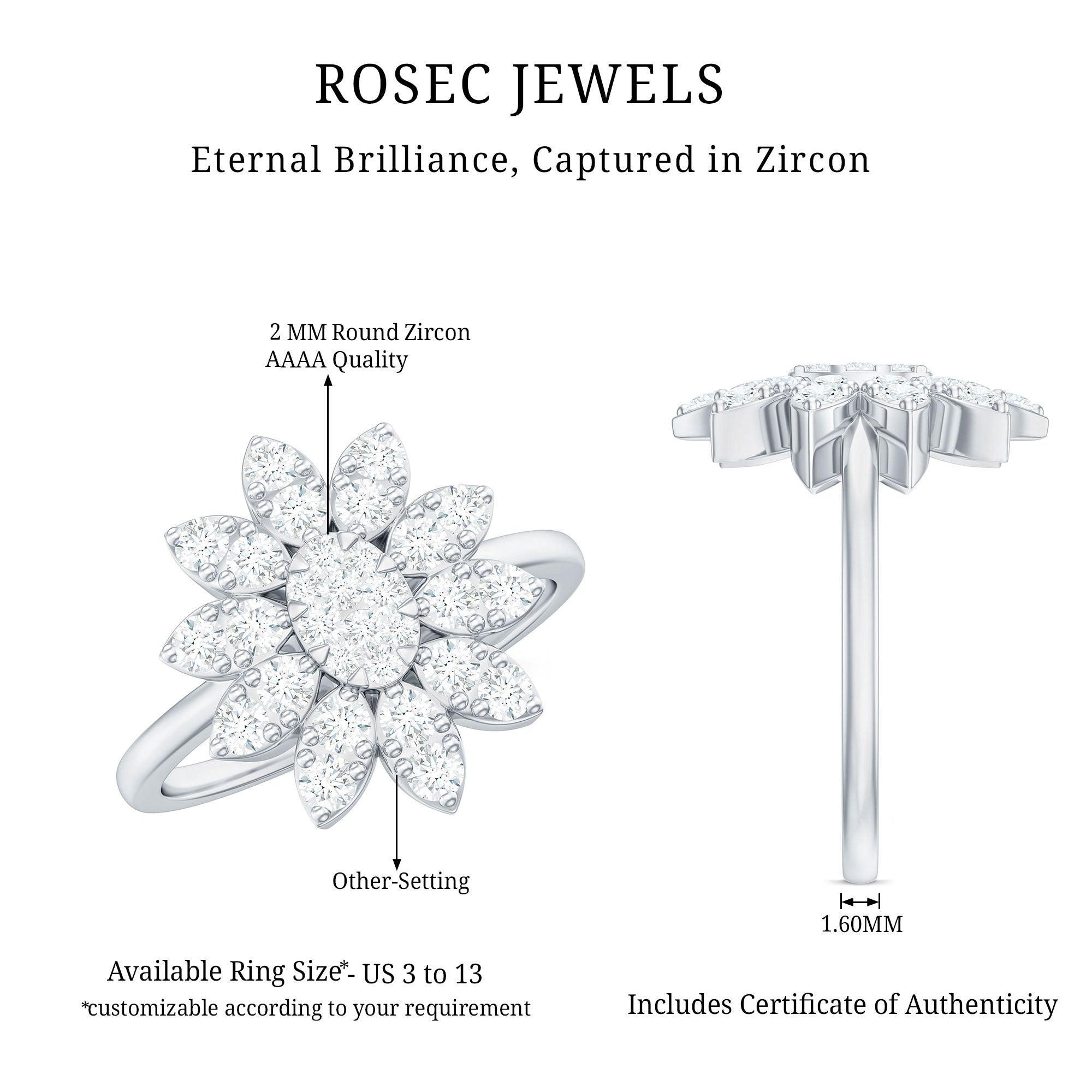 1 CT Round Zircon Flower Engagement Ring in Gold