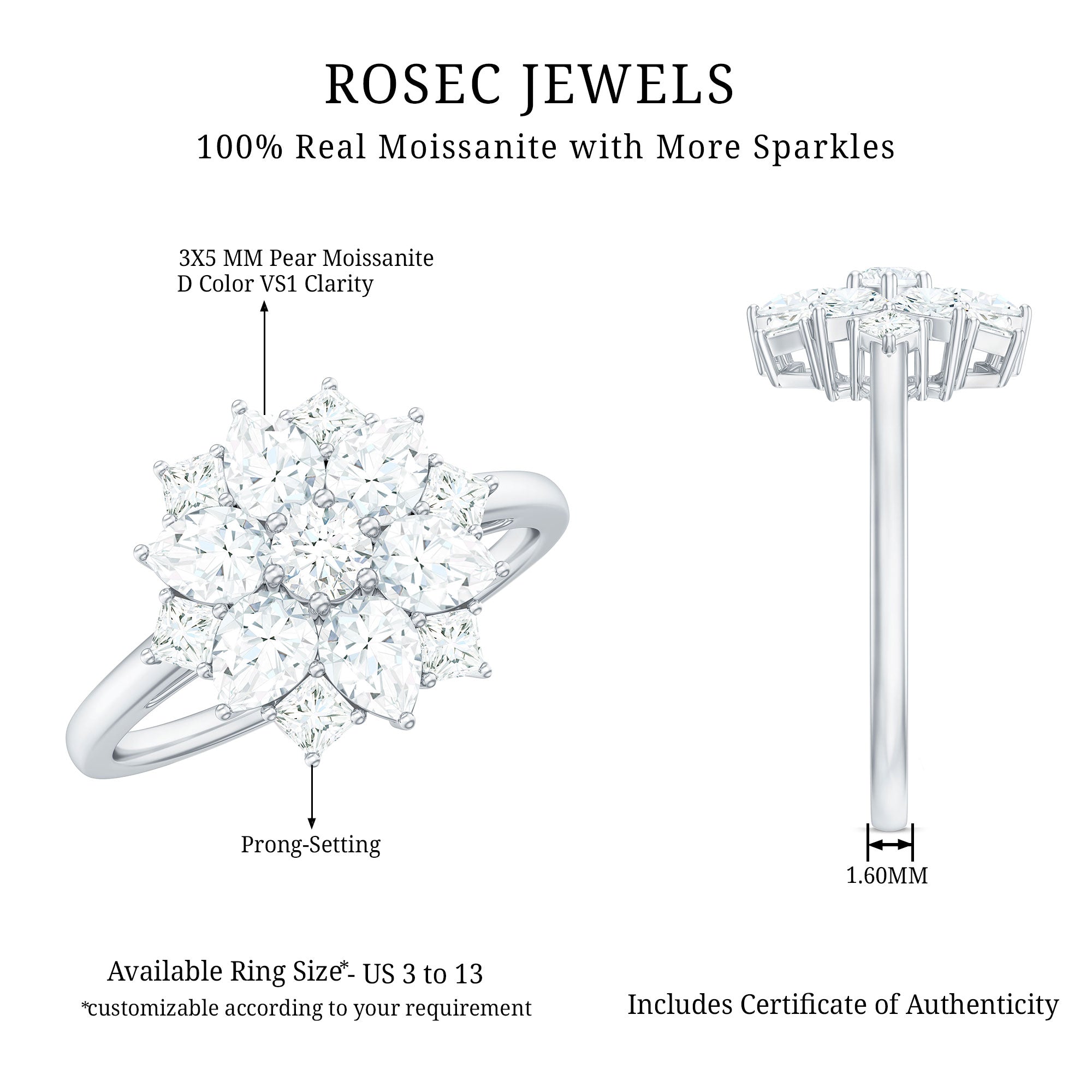 Womens Moissanite Flower Engagement Ring with Certificate