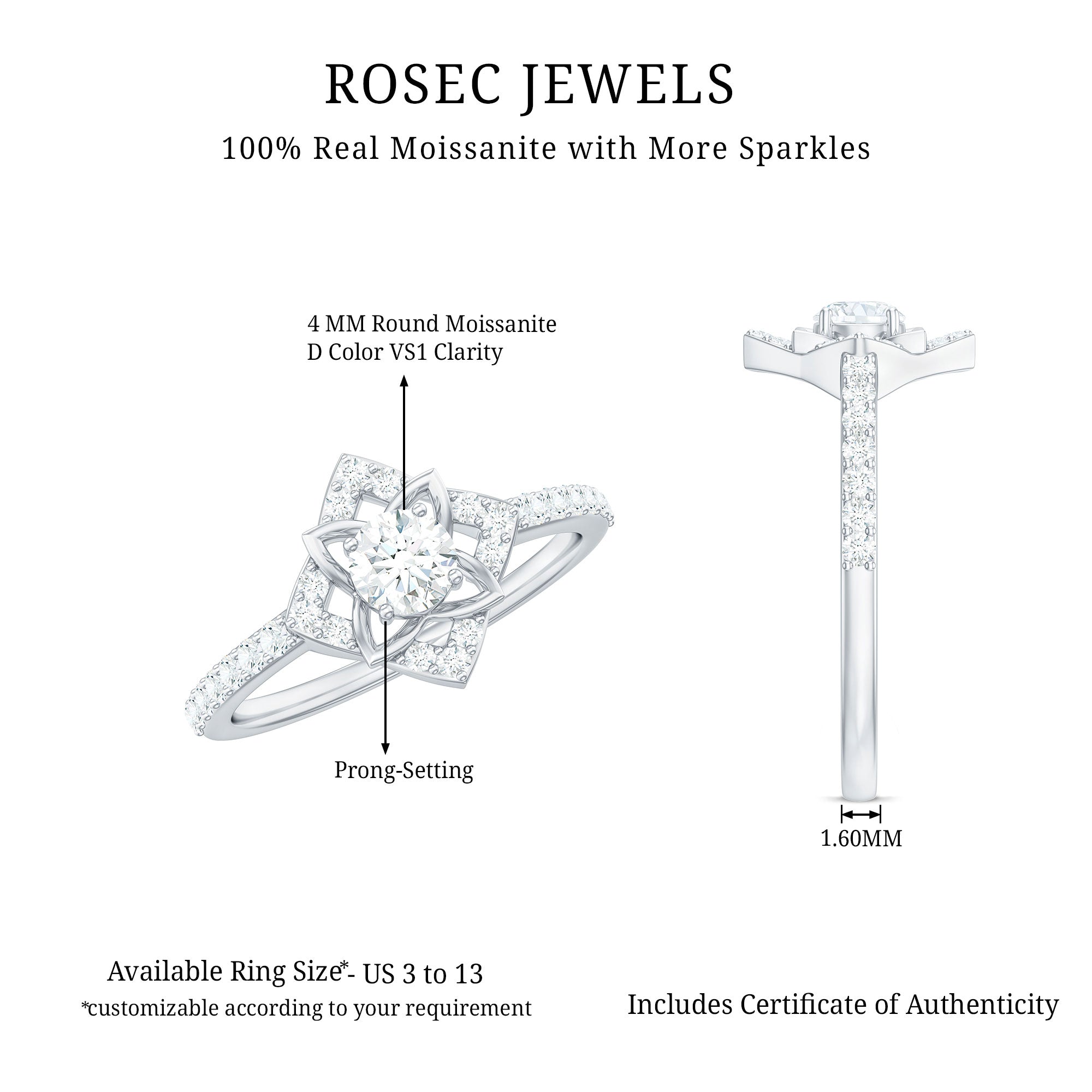 Certified Moissanite Floral Engagement Ring For Her