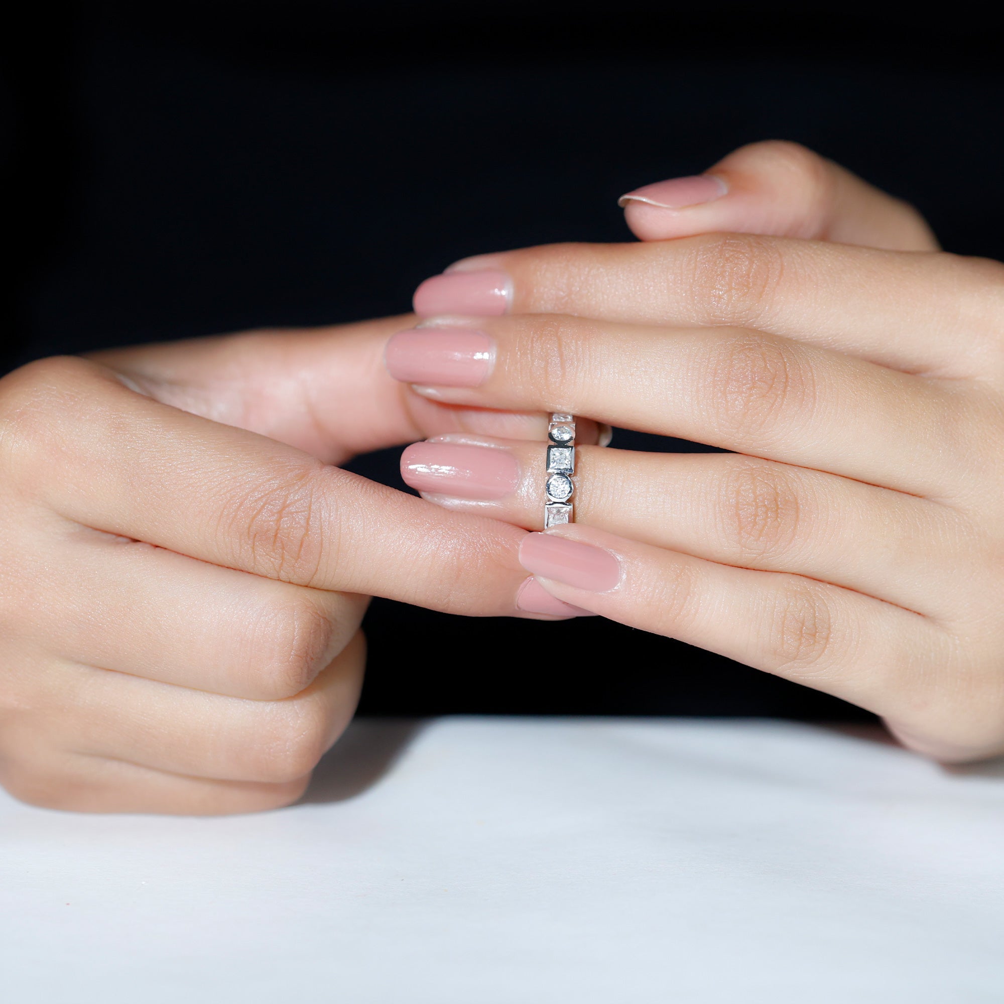 Alternate Bezel Set Moissanite Half Eternity Band Ring