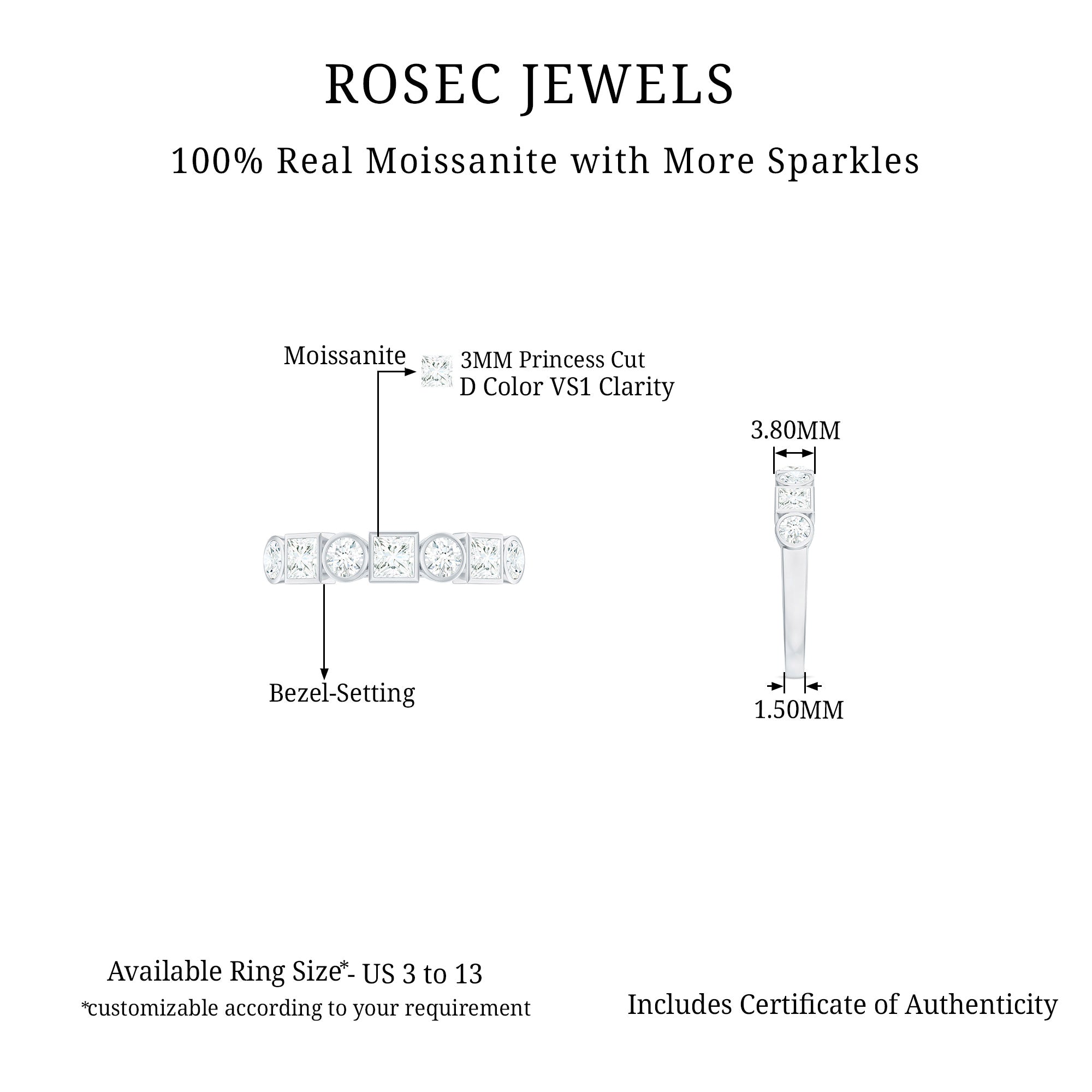Alternate Bezel Set Moissanite Half Eternity Band Ring