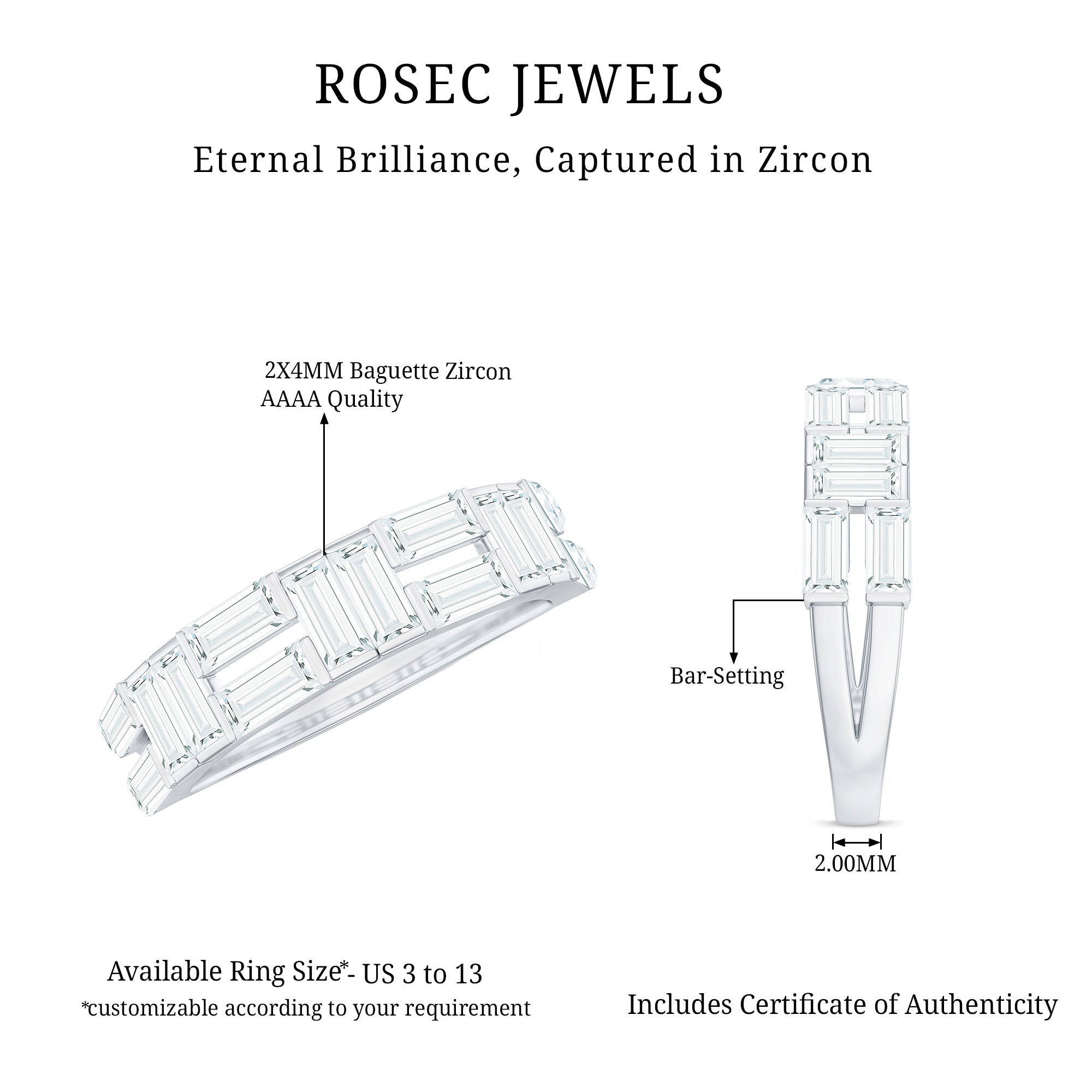 2.75 CT Baguette Cut Zircon Half Eternity Ring in Gold