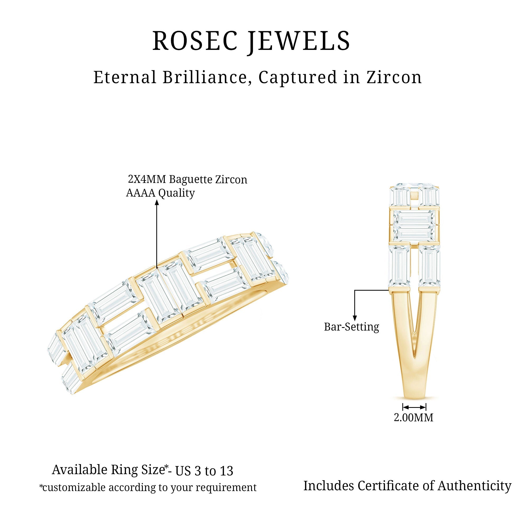 2.75 CT Baguette Cut Zircon Half Eternity Ring in Gold