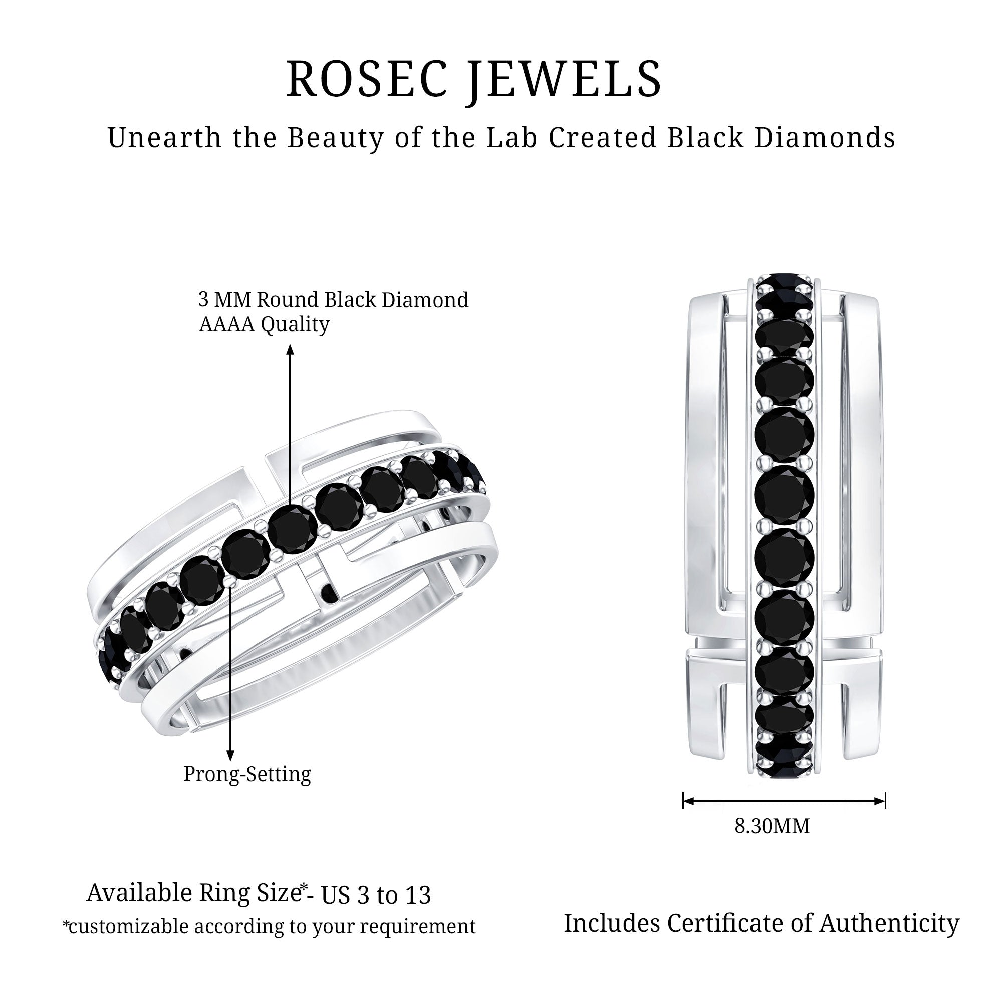 Certified Lab Created Black Diamond and Gold Eternity Band Ring