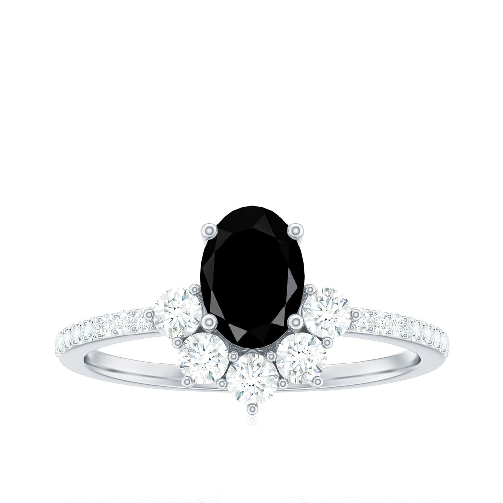 6X8mm Oval Cut Black Onyx Designer Engagement Ring with Diamond Half Halo