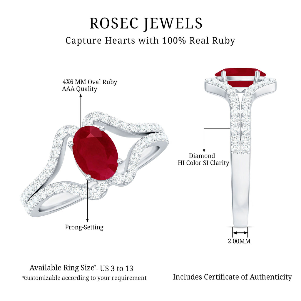 Oval Ruby Minimal Split Shank Ring with Diamond